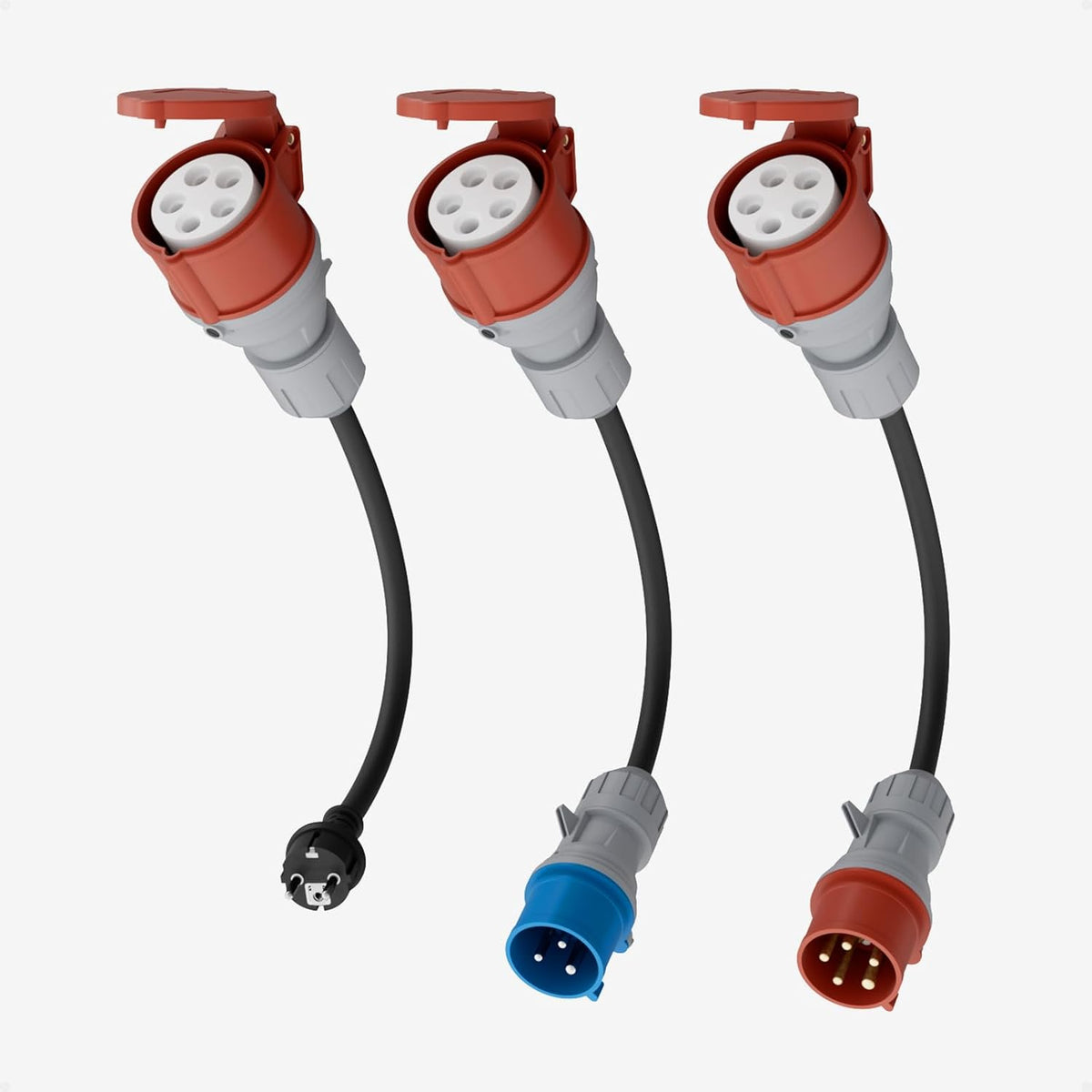 Adapterset CEE 32A 5-Poliger für Mobile Wallbox / EV Ladegerät / Ladestation an Rot 16A/ CEE Blau 16A/ 230V Haushaltssteckdose mit 0,5m Gummikabel H07RN-F 3G2.5mm² IP44 Außeneinsatz