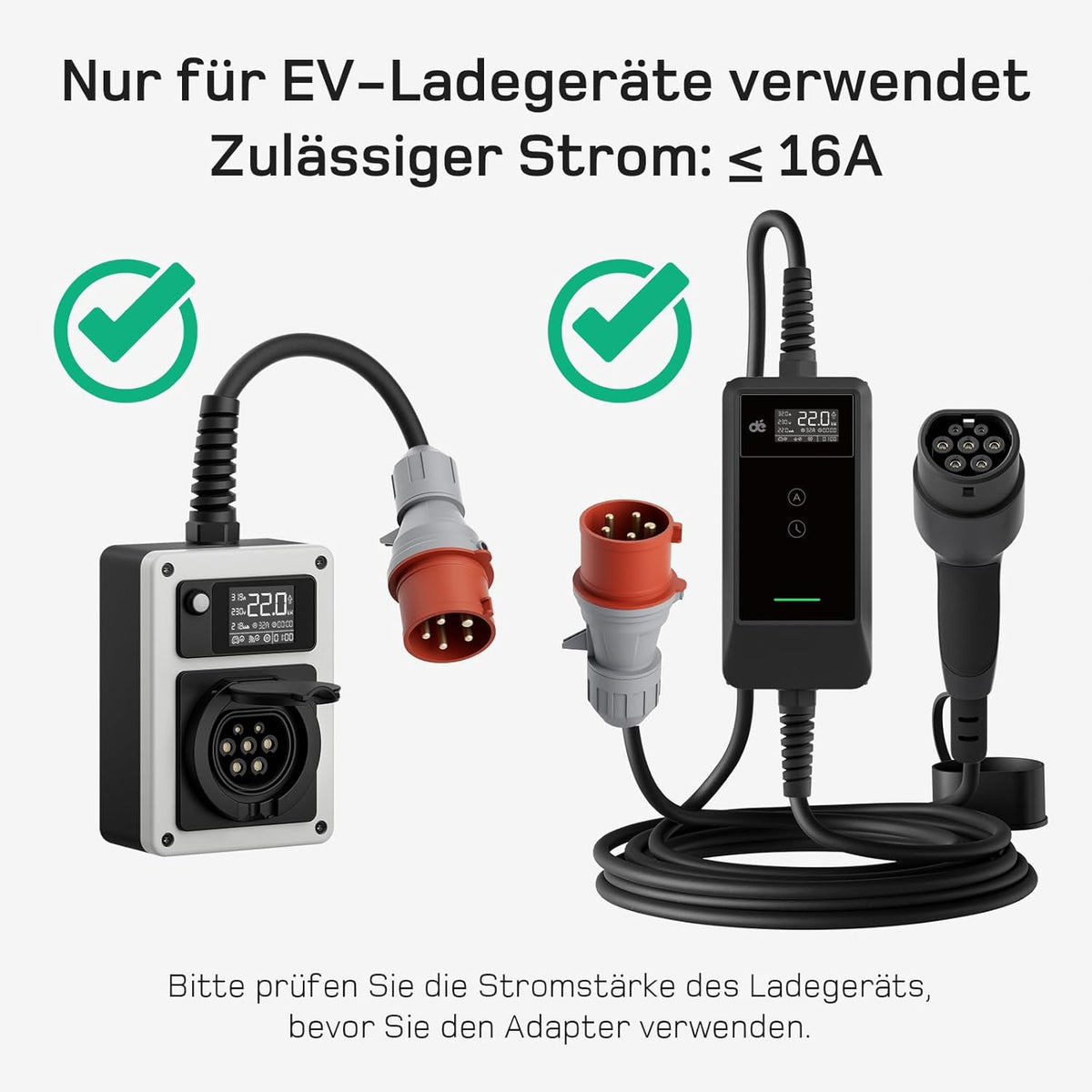 Adapterset CEE 32A 5-Poliger für Mobile Wallbox / EV Ladegerät / Ladestation an Rot 16A/ CEE Blau 16A/ 230V Haushaltssteckdose mit 0,5m Gummikabel H07RN-F 3G2.5mm² IP44 Außeneinsatz