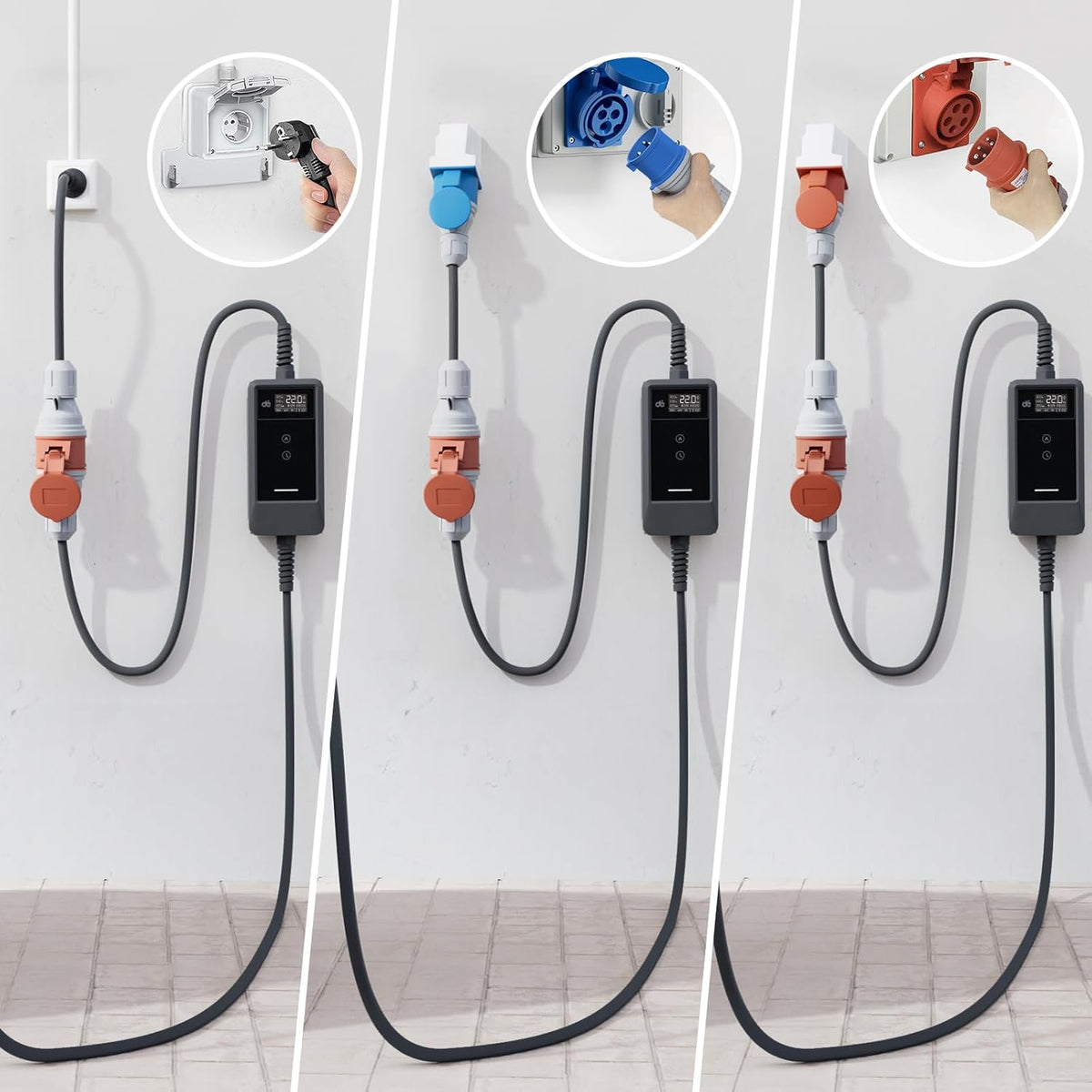 Adapterset CEE 32A 5-Poliger für Mobile Wallbox / EV Ladegerät / Ladestation an Rot 16A/ CEE Blau 16A/ 230V Haushaltssteckdose mit 0,5m Gummikabel H07RN-F 3G2.5mm² IP44 Außeneinsatz