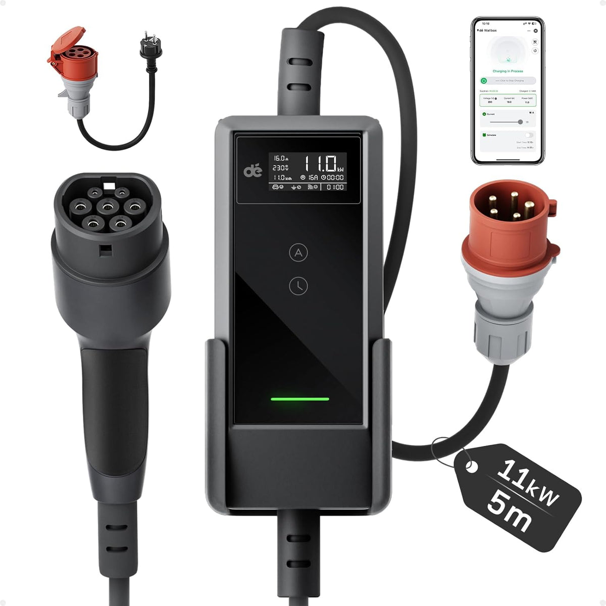 Mobile Wallbox 11kW mit APP 5,5m [0,7m+4,8m, 3-phasig, 6-16A] Ladekabel CEE 16A auf Typ 2 mit Einstellbarer Ladeleistung EV Charger Wallbox 11kw für Model Y/3 e-tron und BEV/PHEV