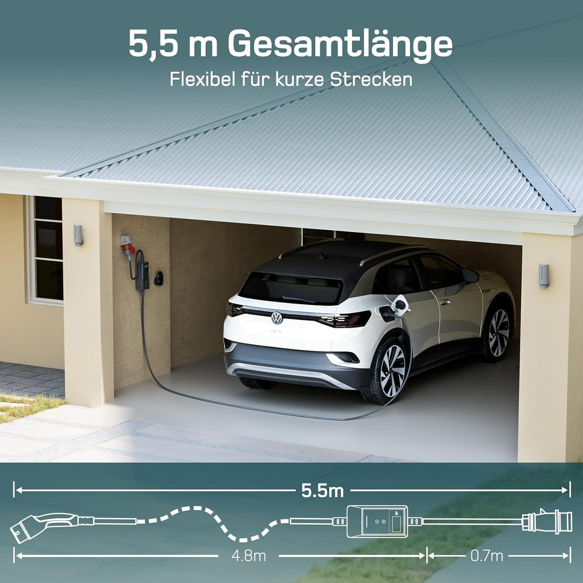 Mobile Wallbox 11kW mit APP 5,5m [0,7m+4,8m, 3-phasig, 6-16A] Ladekabel CEE 16A auf Typ 2 mit Einstellbarer Ladeleistung EV Charger Wallbox 11kw für Model Y/3 e-tron und BEV/PHEV