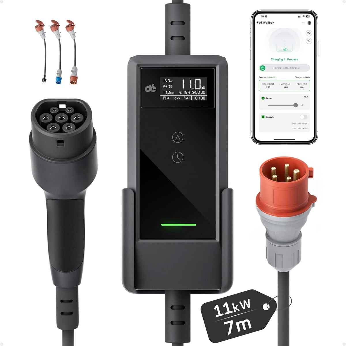 Mobile Wallbox 11kW mit APP [7 m | 3-phasig | 6–16 A], mit Traveller Set, CEE-16A 400V auf Typ 2 mit Einstellbarer Ladeleistung, EV-Charger für ID.3/4/5/7, IX1, Model 3/Y und andere BEV/PHEV