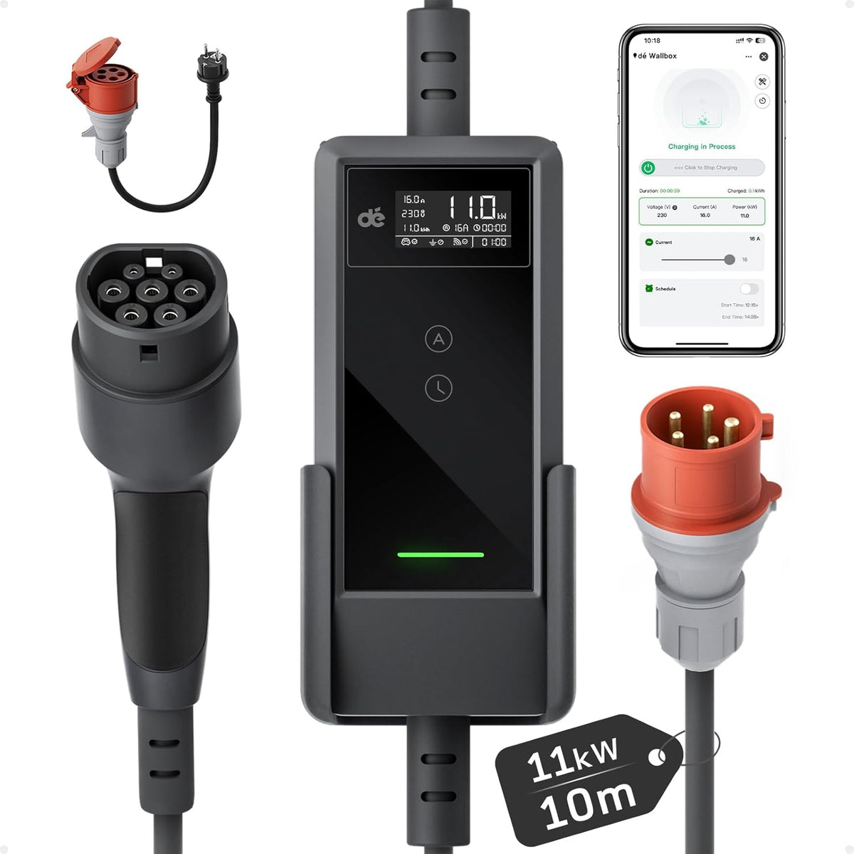 Mobile Wallbox 11kW mit APP [10m | 3-phasig | 6–16 A], Ladekabel e Auto CEE-16A 400V auf Typ 2 mit Einstellbarer Ladeleistung, EV-Charger für ID.3/4/5/7, IX1, Model 3/Y und andere BEV/PHEV