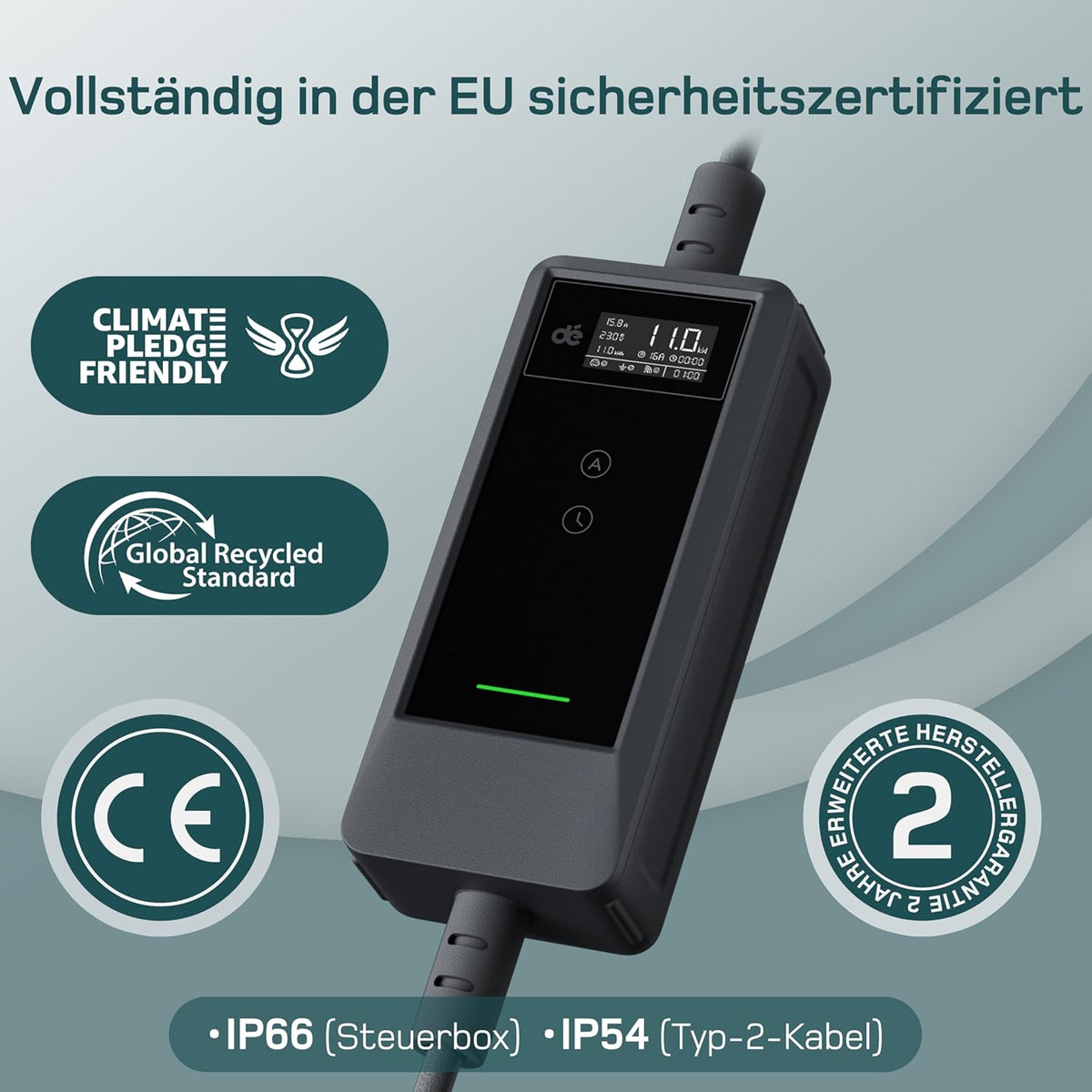 Mobile Wallbox 11kW mit APP [15 m | 3-phasig | 6–16 A], Ladekabel e Auto CEE-16A 400V auf Typ 2 mit Einstellbarer Ladeleistung, EV-Charger für ID.3/4/5/7, IX1, Model 3/Y und andere BEV/PHEV