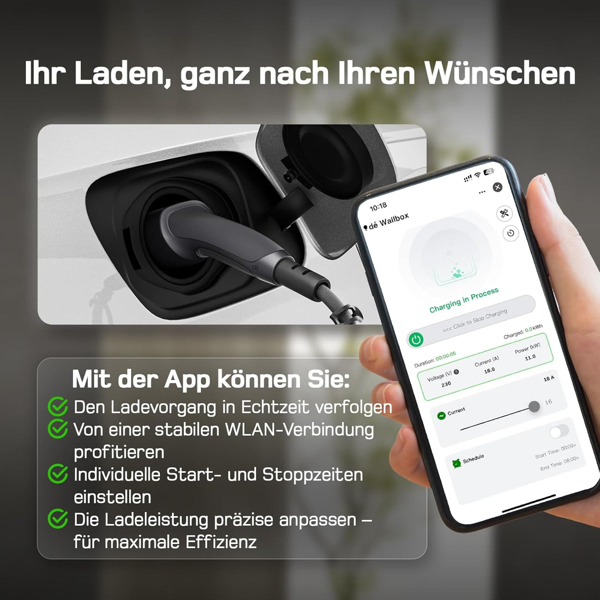 Mobile Wallbox 11kW mit APP [15 m | 3-phasig | 6–16 A], Ladekabel e Auto CEE-16A 400V auf Typ 2 mit Einstellbarer Ladeleistung, EV-Charger für ID.3/4/5/7, IX1, Model 3/Y und andere BEV/PHEV
