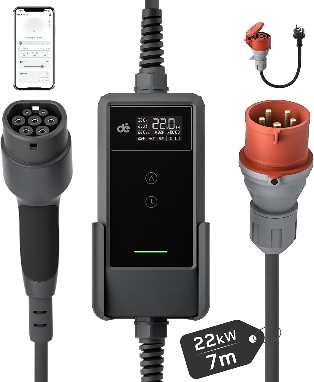 Mobile Wallbox/Ladestation 22kW Mit App [3-phasig | 7m | 6-32A] mit Stromzähler, Ladekabel CEE 32A auf Typ 2 und EV Ladegerät für Model Y/3, ID.3/4/5, MG4, EX30, e-up, e-tron und andere EV/PHEV