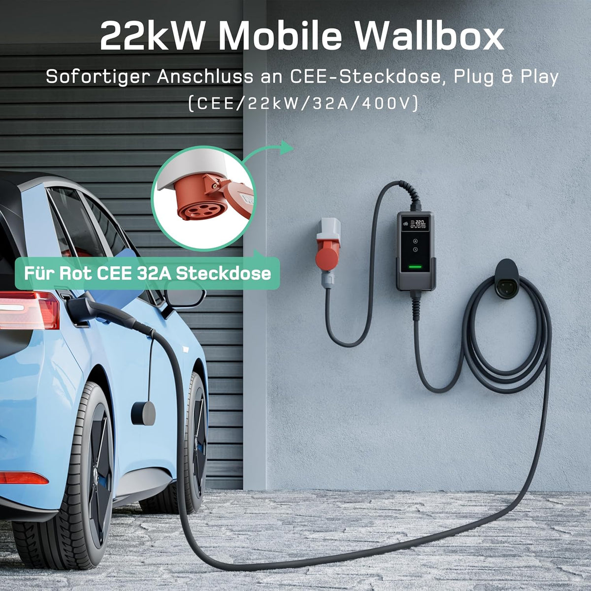 Mobile Wallbox/Ladestation 22kW Mit App [3-phasig | 10m | 6-32A] mit Stromzähler, Ladekabel CEE 32A auf Typ 2 und EV Ladegerät für Model Y/3, ID.3/4/5, MG4, EX30, e-up, e-tron und andere EV/PHEV