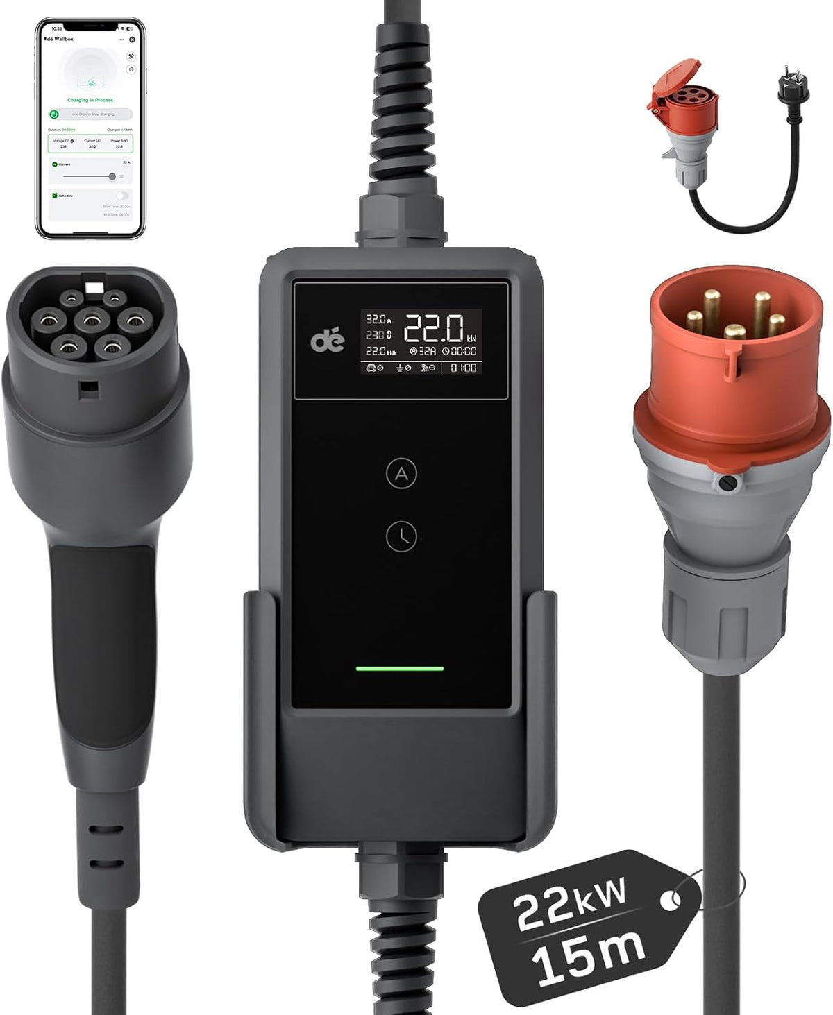 Mobile Wallbox/Ladestation 22kW Mit App [3-phasig | 15m | 6-32A] mit Stromzähler, Ladekabel CEE 32A auf Typ 2 und EV Ladegerät für Model Y/3, ID.3/4/5, MG4, EX30, e-up, e-tron und BEV/PHEV