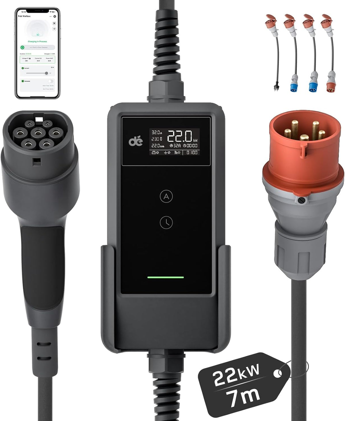 Mobile Wallbox/Ladestation 22kW App [3-phasig | 7m | 6-32A] mit Komplett-Set, Ladekabel CEE 32A auf Typ 2 und EV Ladegerät für Model Y/3, ID.3/4/5, MG4, EX30, e-up, e-tron und andere EV/PHEV