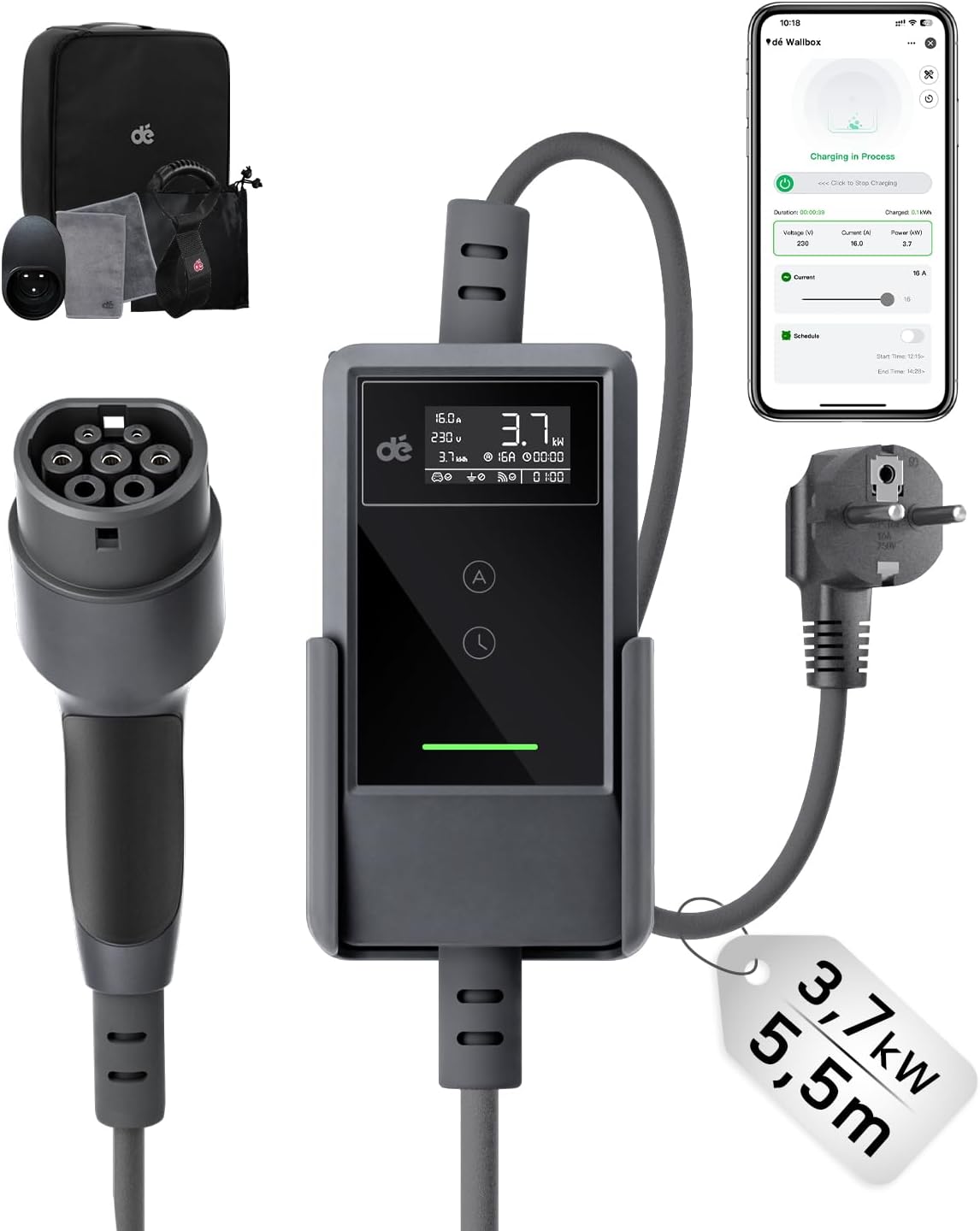 Typ 2 Ladekabel Schuko mit APP 3,7kW [5,5m, 6-16A, 1-phasig] Ladekabel Typ 2 Schuko mit Fernsteuerbarer Leistung - EV Charger 3,7kW für e Auto ID.3/4/5/7, Model Y/3, ENYAQ und Anderen PHEV/EV
