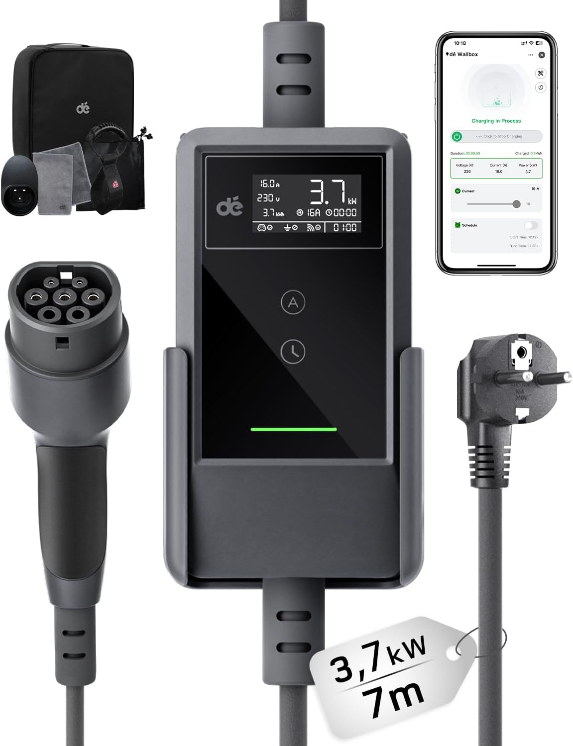 Typ 2 Ladekabel Schuko mit APP 3,7kW [7m, 6-16A, 1-phasig] Ladekabel Typ 2 Schuko mit Fernsteuerbarer Leistung - EV Charger 3,7kW für e Auto ID.3/4/5/7, Model Y/3, ENYAQ und Anderen PHEV/EV