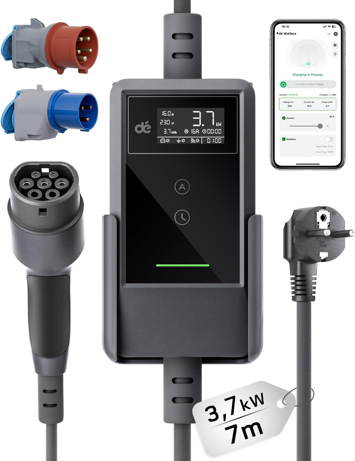Typ 2 Ladekabel Schuko mit APP 3,7kW [7m, 6-16A, 1-phasig] Ladekabel Typ 2 Schuko sowie Adapter Set mit Digitalem LCD - EV Charger 3,7kW für e Auto ID.3/4/5/7, Model Y/3, ENYAQ und Anderen PHEV/EV