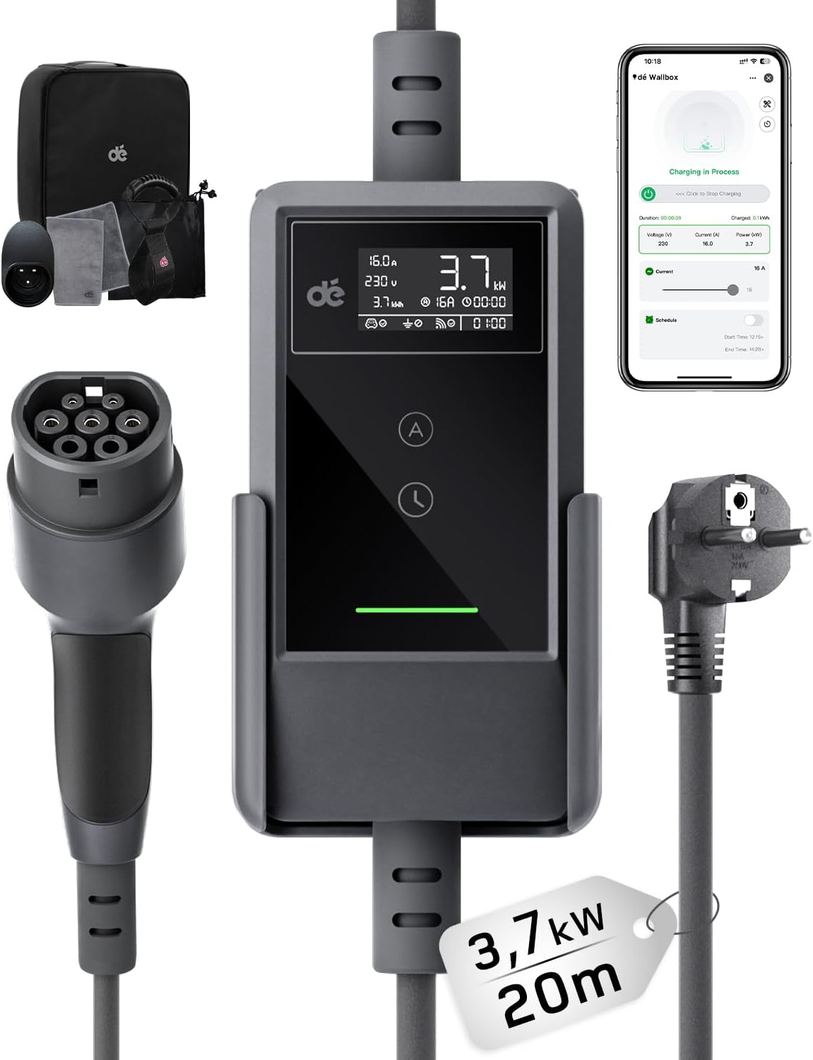 Typ 2 Ladekabel Schuko mit APP 3,7kW [20m, 6-16A, 1-phasig] Ladekabel Typ 2 Schuko mit Fernsteuerbarer Leistung - EV Charger 3,7kW für e Auto ID.3/4/5/7, Model Y/3, ENYAQ und Anderen PHEV/EV