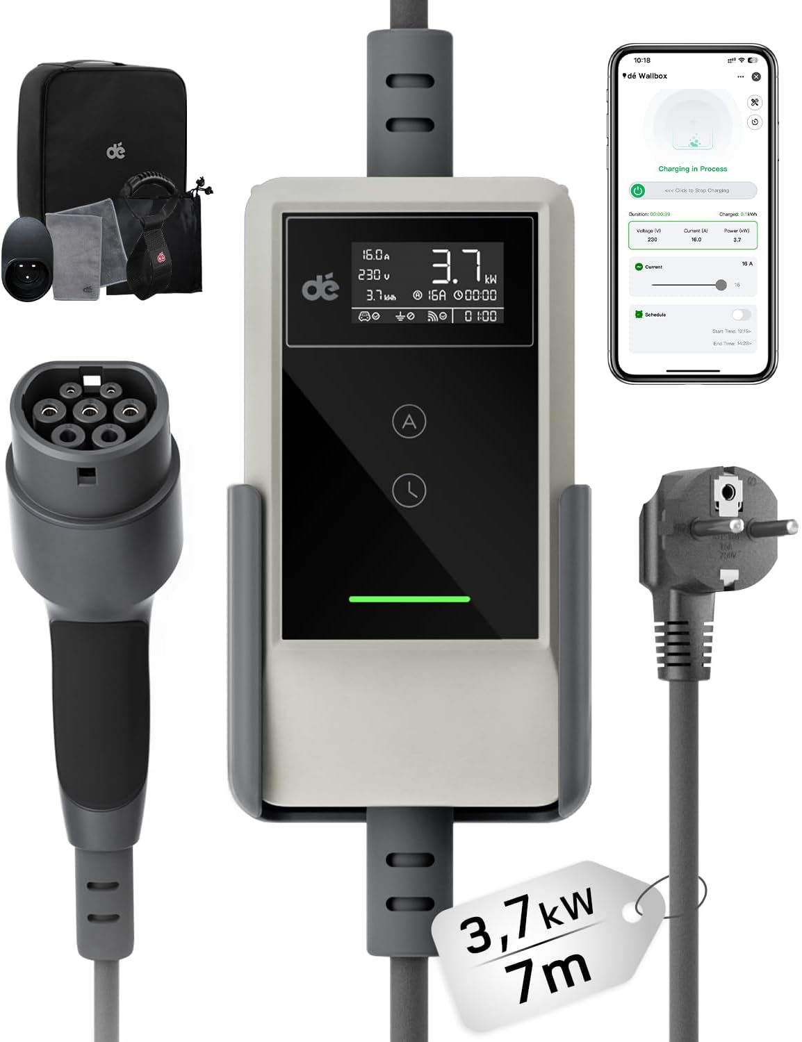 Typ 2 Ladekabel Schuko mit APP 3,7kW [7m, 6-16A, 1-phasig] Ladekabel Typ 2 Schuko mit Fernsteuerbarer Leistung - EV Charger 3,7kW Weiß für e Auto ID.3/4/5/7, Model Y/3, ENYAQ und Anderen PHEV/EV