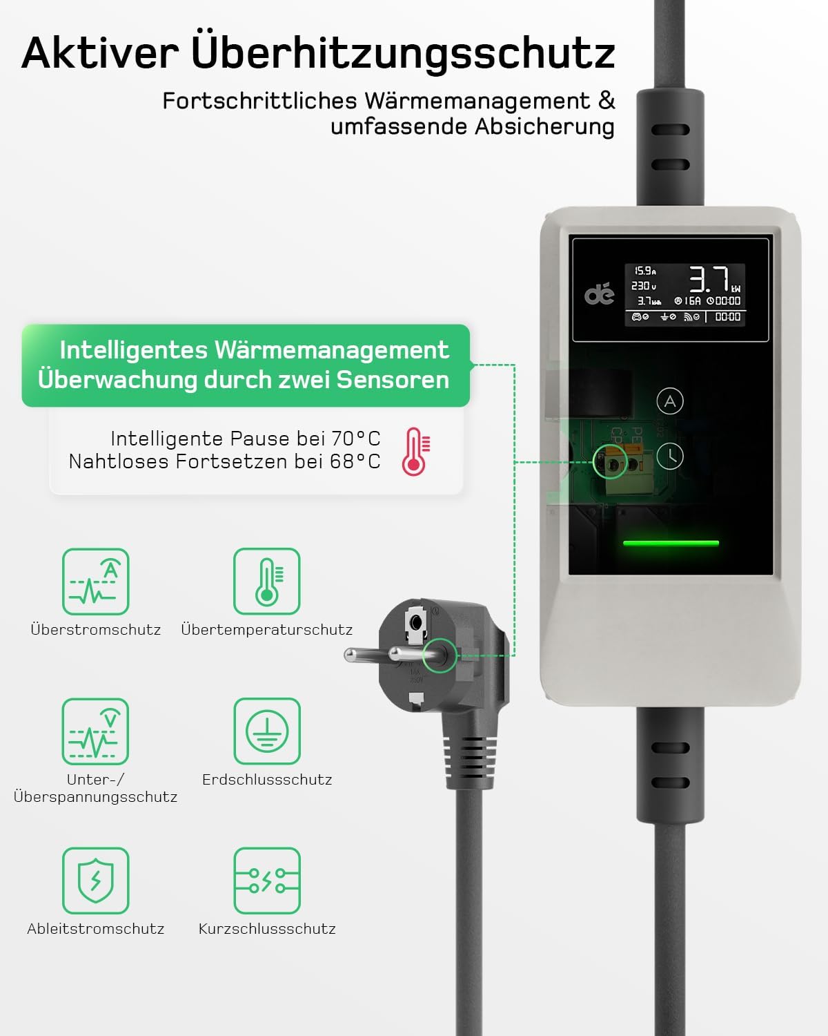 Typ 2 Ladekabel Schuko mit APP 3,7kW [7m, 6-16A, 1-phasig] Ladekabel Typ 2 Schuko mit Fernsteuerbarer Leistung - EV Charger 3,7kW Weiß für e Auto ID.3/4/5/7, Model Y/3, ENYAQ und Anderen PHEV/EV