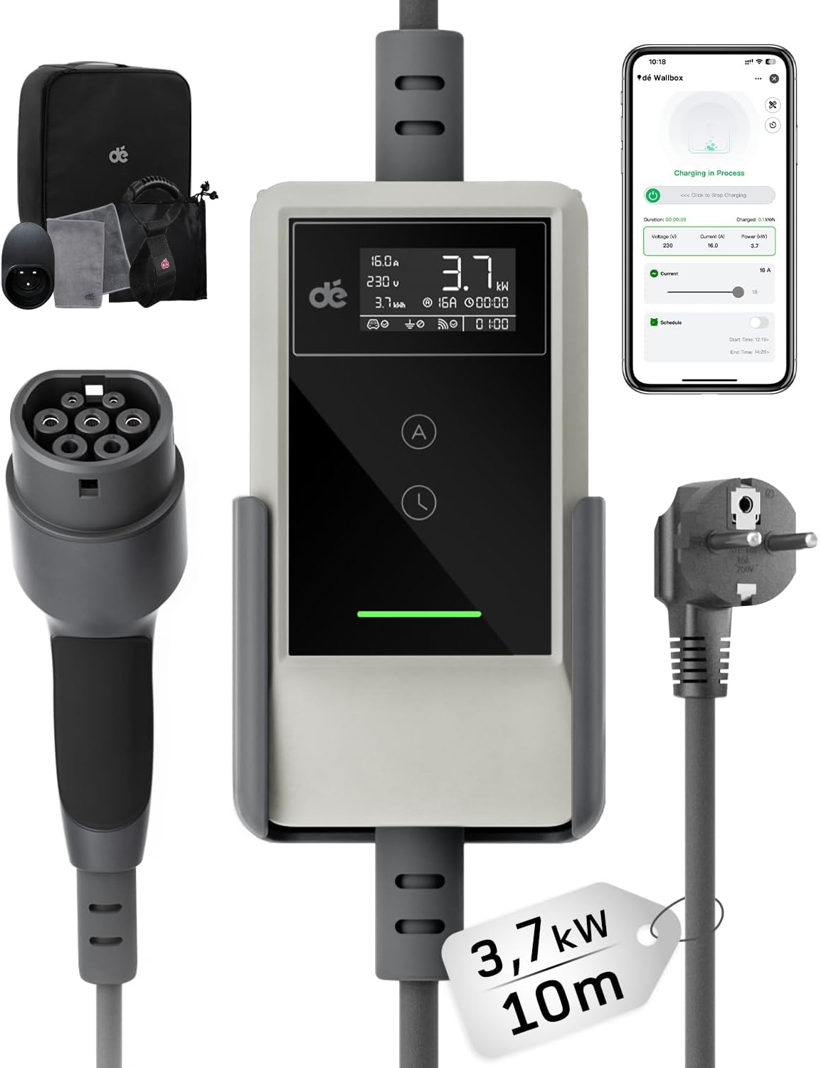 Typ 2 Ladekabel Schuko mit APP 3,7kW [10m, 6-16A, 1-phasig] Ladekabel Typ 2 Schuko mit Fernsteuerbarer Leistung - EV Charger 3,7kW Weiß für e Auto ID.3/4/5/7, Model Y/3, ENYAQ und Anderen PHEV/EV
