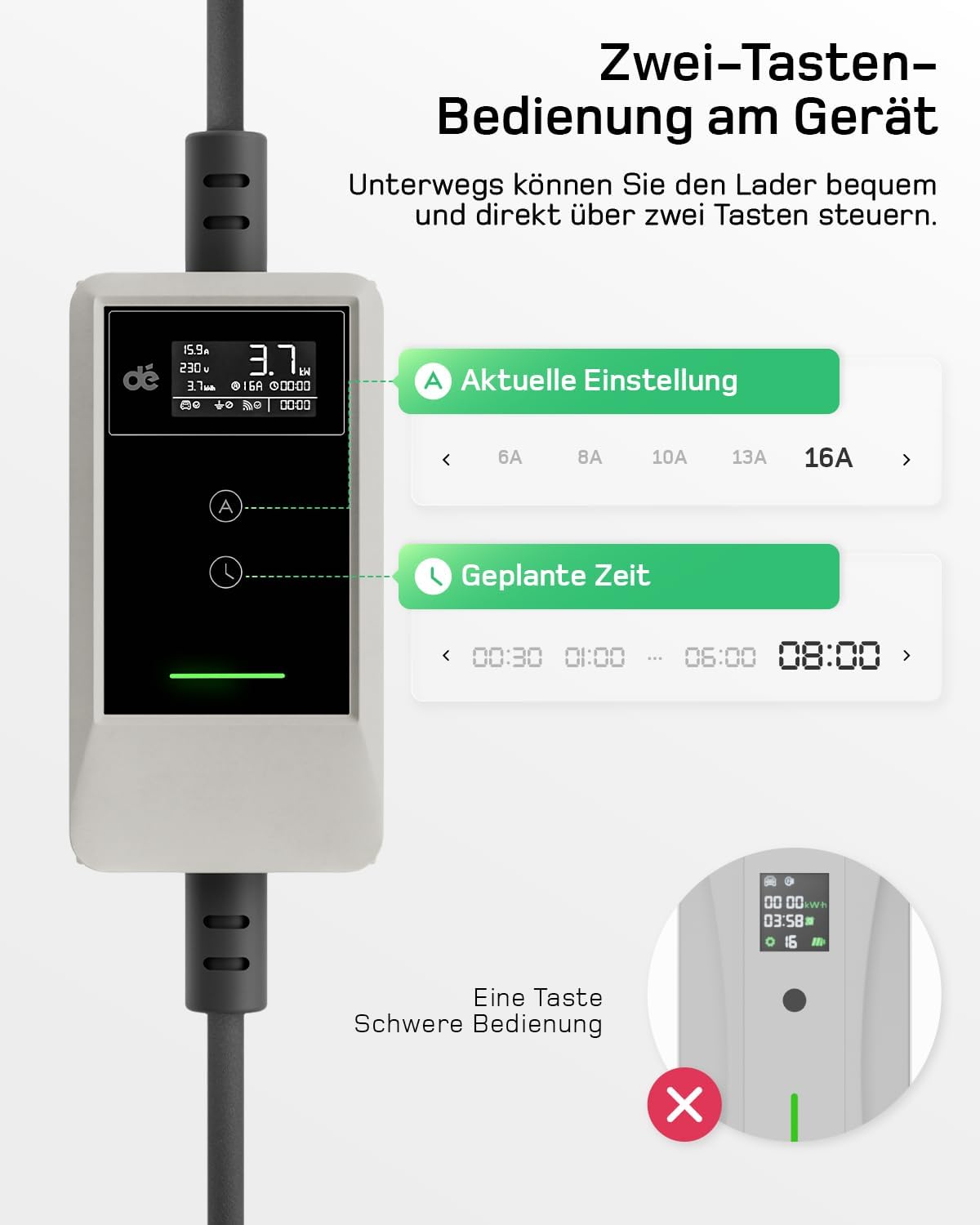 Typ 2 Ladekabel Schuko mit APP 3,7kW [10m, 6-16A, 1-phasig] Ladekabel Typ 2 Schuko mit Fernsteuerbarer Leistung - EV Charger 3,7kW Weiß für e Auto ID.3/4/5/7, Model Y/3, ENYAQ und Anderen PHEV/EV