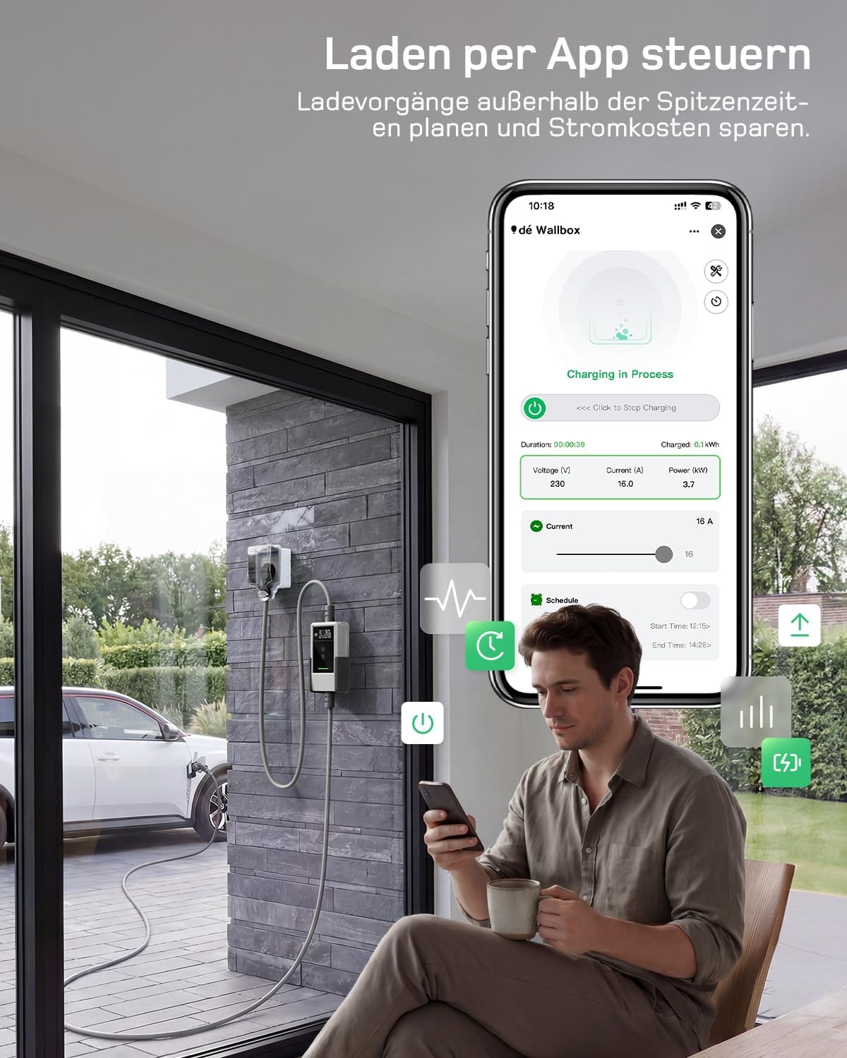 Typ 2 Ladekabel Schuko mit APP 3,7kW [10m, 6-16A, 1-phasig] Ladekabel Typ 2 Schuko mit Fernsteuerbarer Leistung - EV Charger 3,7kW Weiß für e Auto ID.3/4/5/7, Model Y/3, ENYAQ und Anderen PHEV/EV