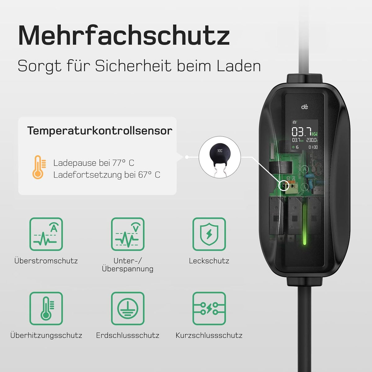 Ladekabel Typ 2 Schuko 3,68kW [1-phasig, 10m, 6-16A] EV Chargers mit Steuerbarer Digitalanzeige für Elektroauto, Ladekabel e Auto für Model 3/Y, ID.3, ID.4, ID.5, MG4, Q4, Gla und Anderen PHEV/EV