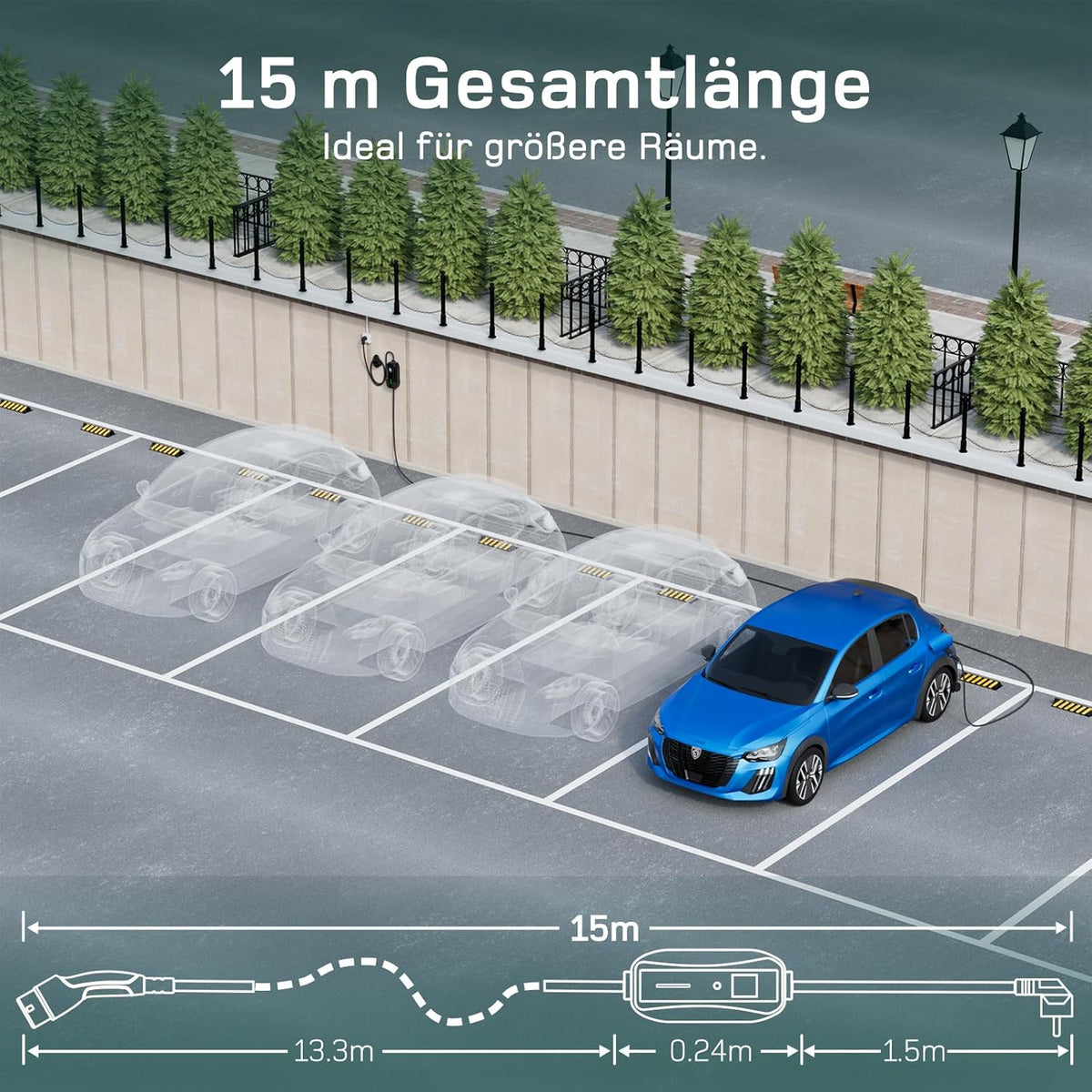 Ladekabel Typ 2 Schuko 3,68kW [1-phasig, 15m, 6-16A] EV Chargers mit Steuerbarer Digitalanzeige für Elektroauto, Ladekabel e Auto für Model 3/Y, ID.3, ID.4, ID.5, MG4, Q4, Gla und Anderen PHEV/EV