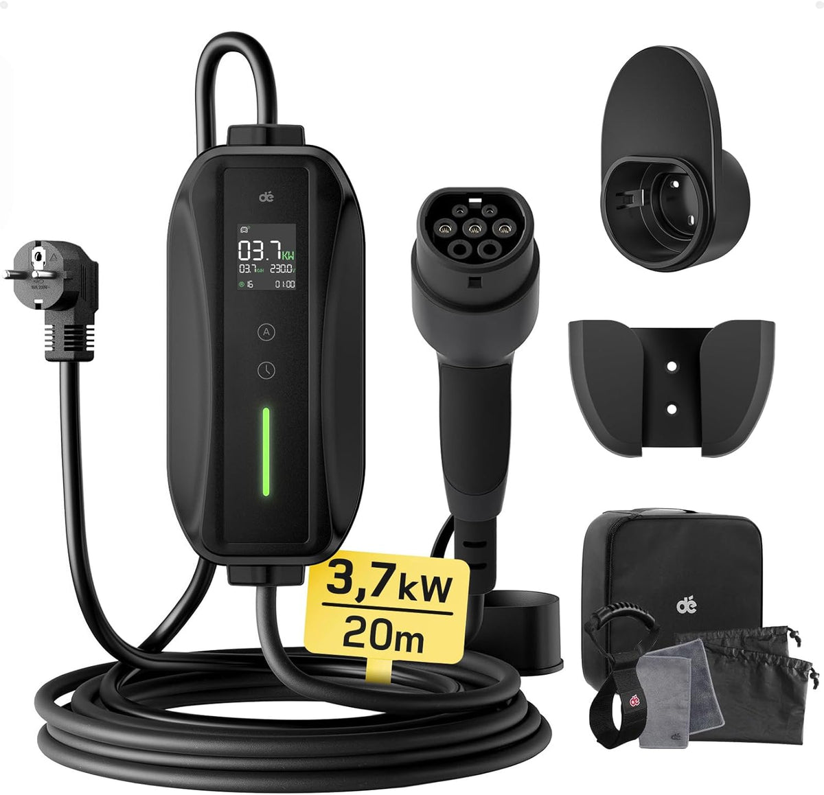 Ladekabel Typ 2 Schuko 3,68kW [1-phasig, 20m, 6-16A] EV Chargers mit Steuerbarer Digitalanzeige für Elektroauto, Ladekabel e Auto für Model 3/Y, ID.3, ID.4, ID.5, MG4, Q4, Gla und Anderen PHEV/EV