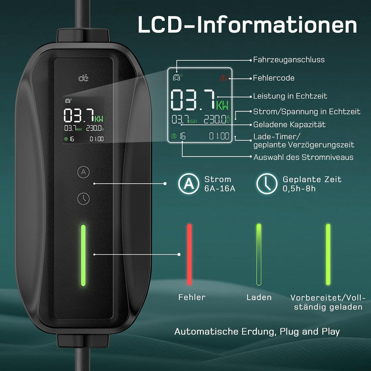 Ladekabel Typ 2 Schuko 3,68kW [1-phasig, 20m, 6-16A] EV Chargers mit Steuerbarer Digitalanzeige für Elektroauto, Ladekabel e Auto für Model 3/Y, ID.3, ID.4, ID.5, MG4, Q4, Gla und Anderen PHEV/EV