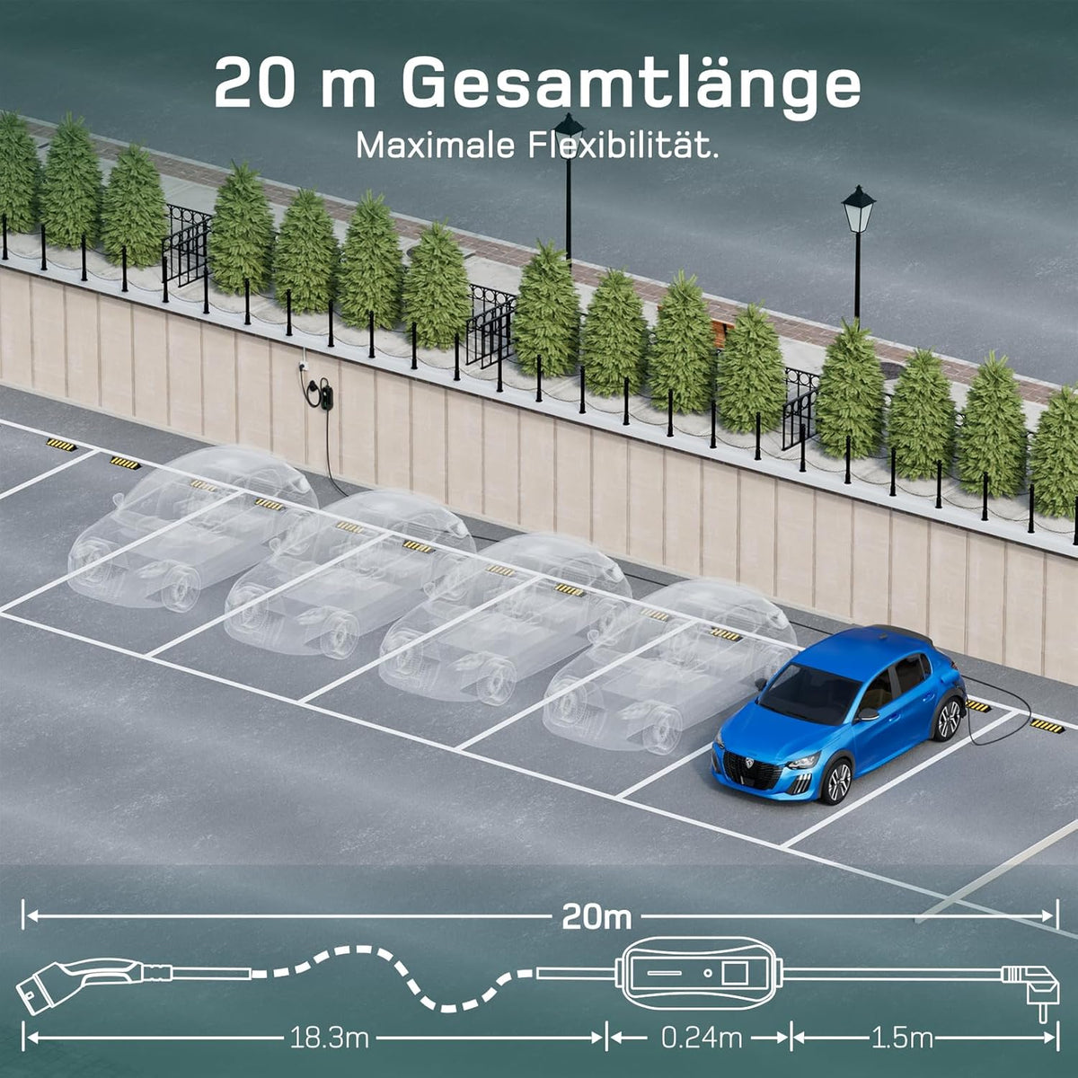 Ladekabel Typ 2 Schuko 3,68kW [1-phasig, 20m, 6-16A] EV Chargers mit Steuerbarer Digitalanzeige für Elektroauto, Ladekabel e Auto für Model 3/Y, ID.3, ID.4, ID.5, MG4, Q4, Gla und Anderen PHEV/EV