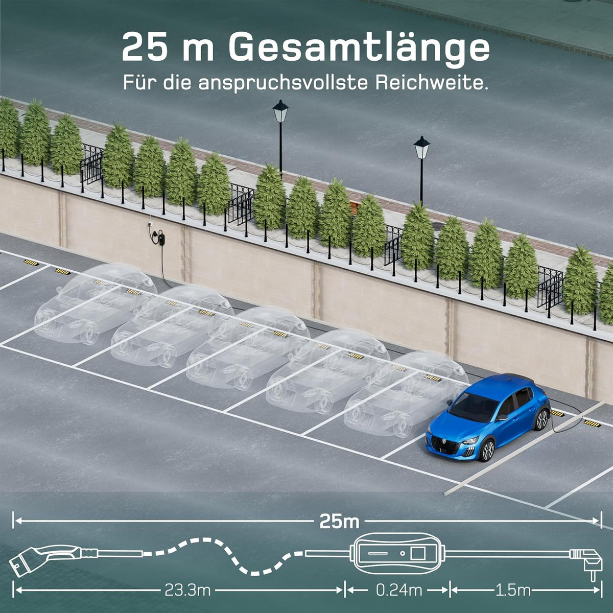 Ladekabel Typ 2 Schuko 3,68kW [1-phasig, 25m, 6-16A] EV Chargers mit Steuerbarer Digitalanzeige für Elektroauto, Ladekabel e Auto für Model 3/Y, ID.3, ID.4, ID.5, MG4, Q4, Gla und Anderen PHEV/EV | Ladekabel e Auto, für Elektroauto, mit Steuerbarer Digita