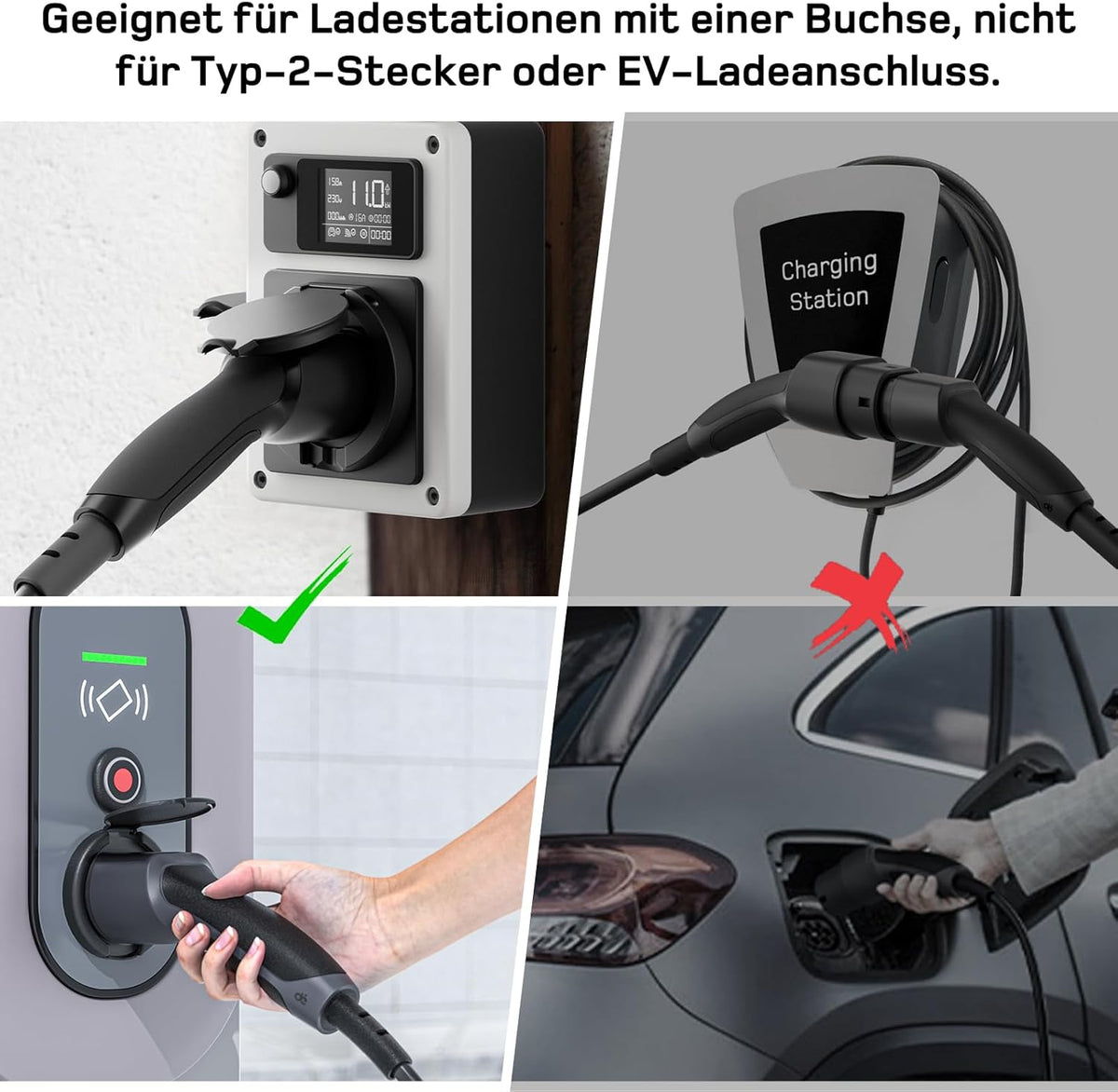 Adapter Typ 2 auf Schuko - Elektroauto Ladestecker, 16A 0.6m Einfaches Laden an Ladestationen/Wallboxen trotz Verwendung von 230V Ladegeräten für E-Bike, E-Scooter, Motorrad. IP55 Nicht für V2L
