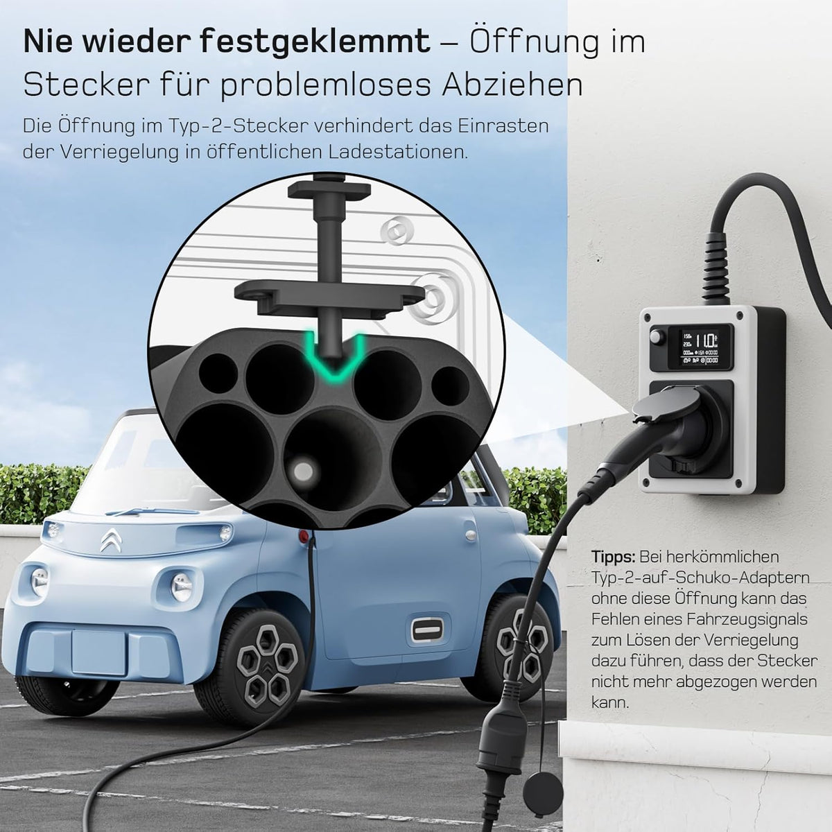 Adapter Typ 2 auf Schuko - Elektroauto Ladestecker, 16A 0.6m Einfaches Laden an Ladestationen/Wallboxen trotz Verwendung von 230V Ladegeräten für E-Bike, E-Scooter, Motorrad. IP55 Nicht für V2L