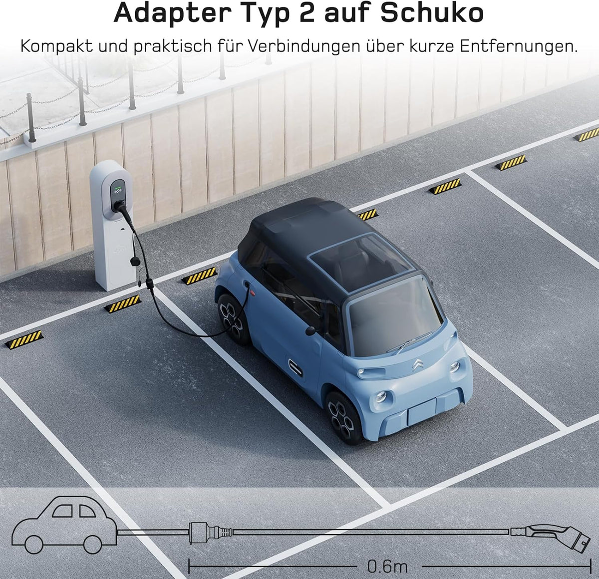 Adapter Typ 2 auf Schuko - Elektroauto Ladestecker, 16A 0.6m Einfaches Laden an Ladestationen/Wallboxen trotz Verwendung von 230V Ladegeräten für E-Bike, E-Scooter, Motorrad. IP55 Nicht für V2L