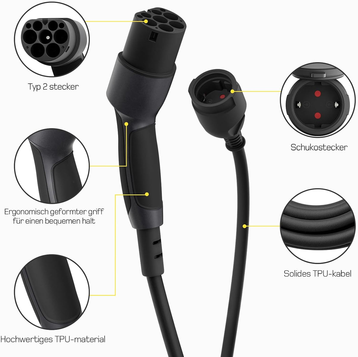 Adapter Typ 2 auf Schuko - Elektroauto Ladestecker, 16A 5m Einfaches Laden an Ladestationen/Wallboxen trotz Verwendung von 230V Ladegeräten für E-Bike, E-Scooter, Motorrad. IP55 Nicht für V2L
