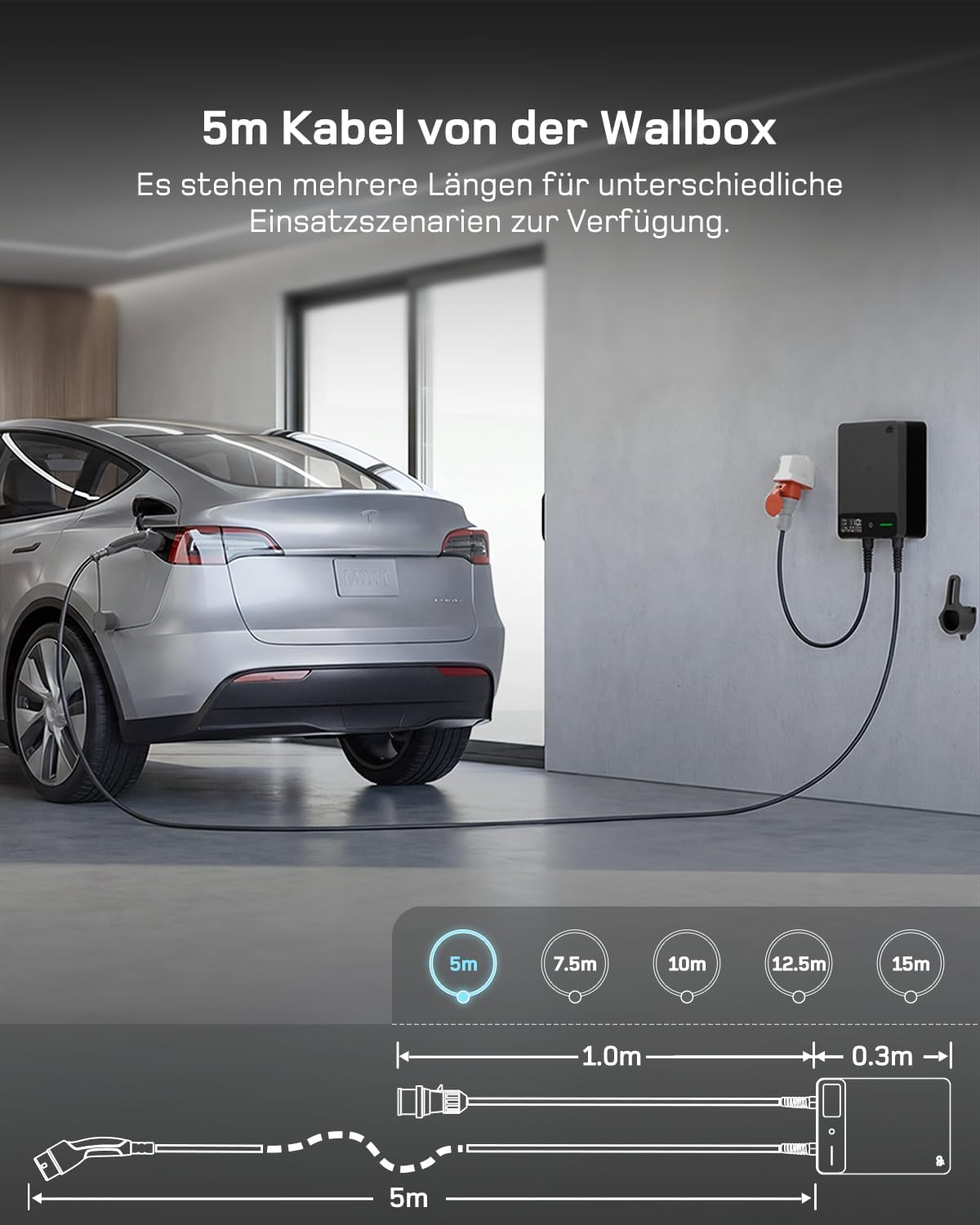 Wallbox 11kW mit APP, 5m Typ 2 Ladekabel mit Kabelhalter, 3-Phasen EV-Ladegerät (6-16A, 400V), für BEV/PHEV, RCD Type A 30mA AC + 6mA DC & IP54-Schutz, effiziente Ladestation für Zuhause, Schwarz