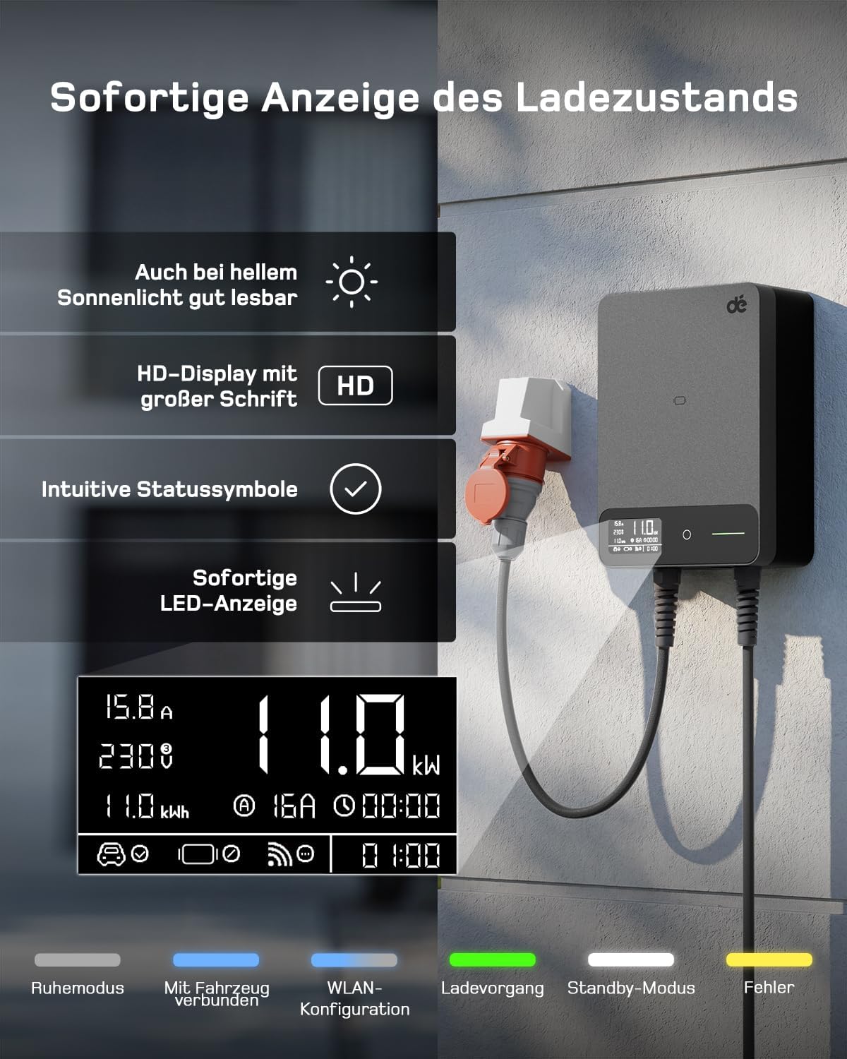 Wallbox 11kW mit APP, 5m Typ 2 Ladekabel mit Kabelhalter, 3-Phasen EV-Ladegerät (6-16A, 400V), für BEV/PHEV, RCD Type A 30mA AC + 6mA DC & IP54-Schutz, effiziente Ladestation für Zuhause, Schwarz