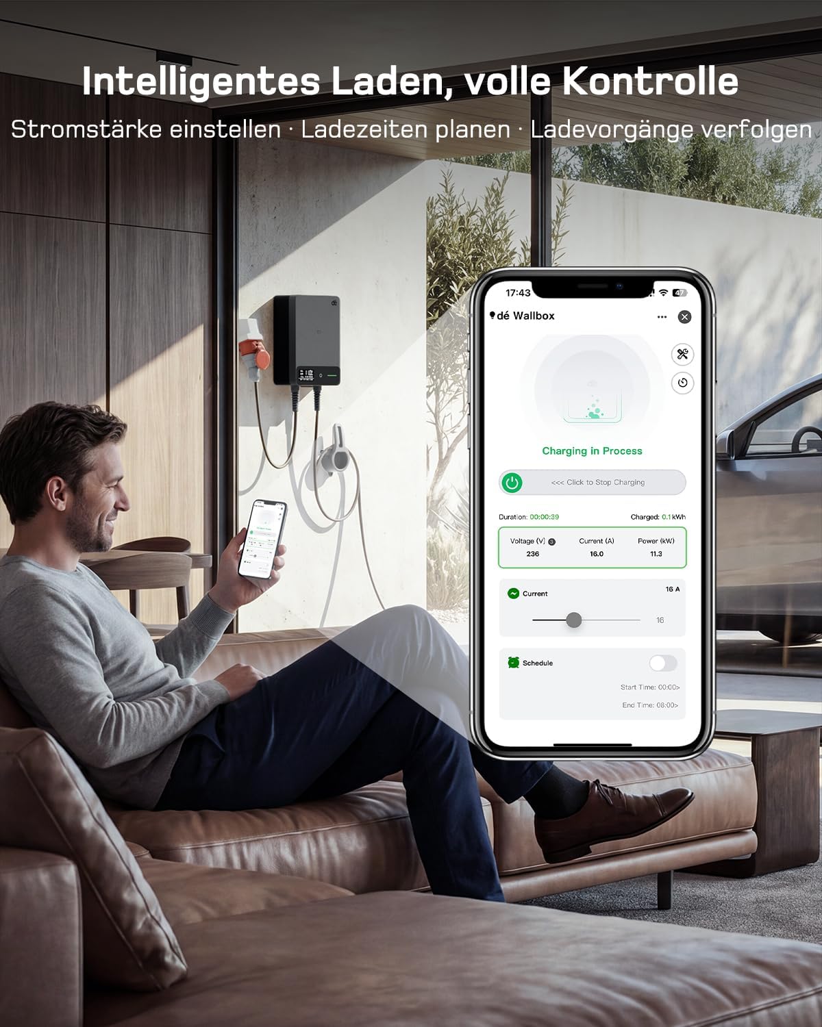 Wallbox 11kW mit APP, 5m Typ 2 Ladekabel mit Kabelhalter, 3-Phasen EV-Ladegerät (6-16A, 400V), für BEV/PHEV, RCD Type A 30mA AC + 6mA DC & IP54-Schutz, effiziente Ladestation für Zuhause, Schwarz