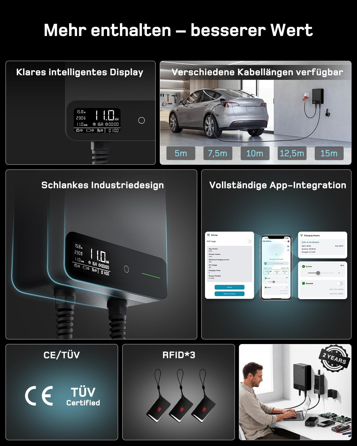 Wallbox 11kW mit APP, 5m Typ 2 Ladekabel mit Kabelhalter, 3-Phasen EV-Ladegerät (6-16A, 400V), für BEV/PHEV, RCD Type A 30mA AC + 6mA DC & IP54-Schutz, effiziente Ladestation für Zuhause, Schwarz
