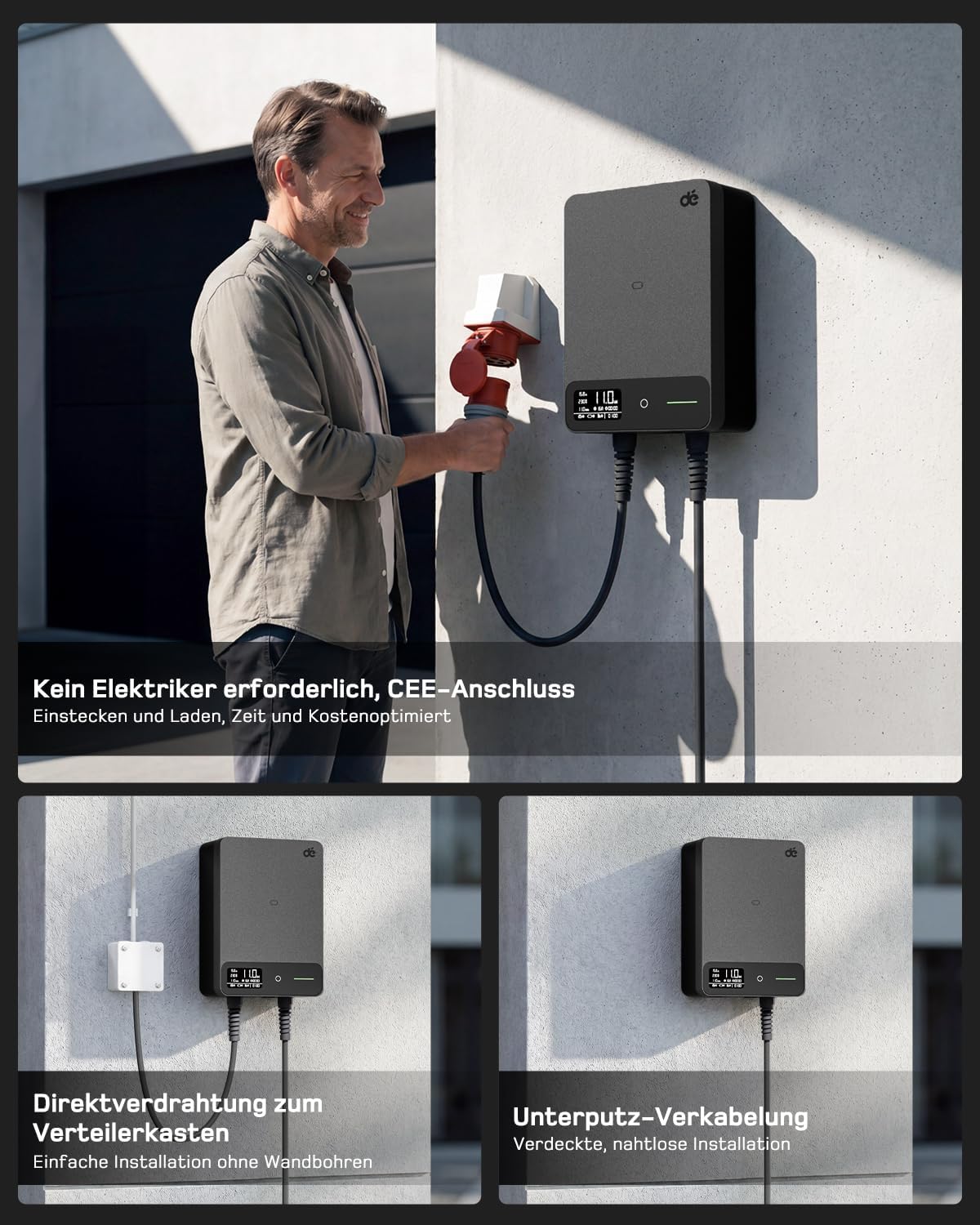 Wallbox 11kW mit APP, 5m Typ 2 Ladekabel mit Kabelhalter, 3-Phasen EV-Ladegerät (6-16A, 400V), für BEV/PHEV, RCD Type A 30mA AC + 6mA DC & IP54-Schutz, effiziente Ladestation für Zuhause, Schwarz