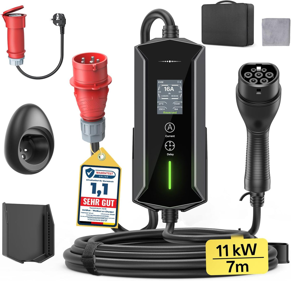 Mobile Wallbox 11kW 7M 6-16A, EV Charger mit CEE Adapter Typ 2 Ladekabel