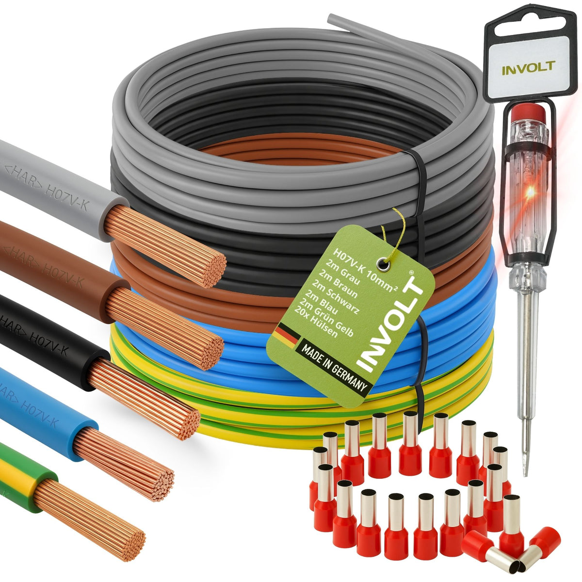 H07V-K 10 mm² Verdrahtungsleitung Set, 5x je 2m Einzelader Schwarz, Blau, Braun, Grau, Grün-Gelb + Zubehör