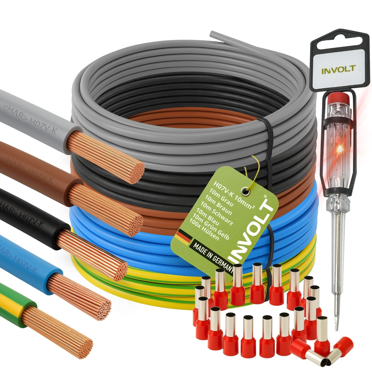 H07V-K 10 mm² Verdrahtungsleitung Set, 5x je 10m Einzelader Schwarz, Blau, Braun, Grau, Grün-Gelb + Zubehör