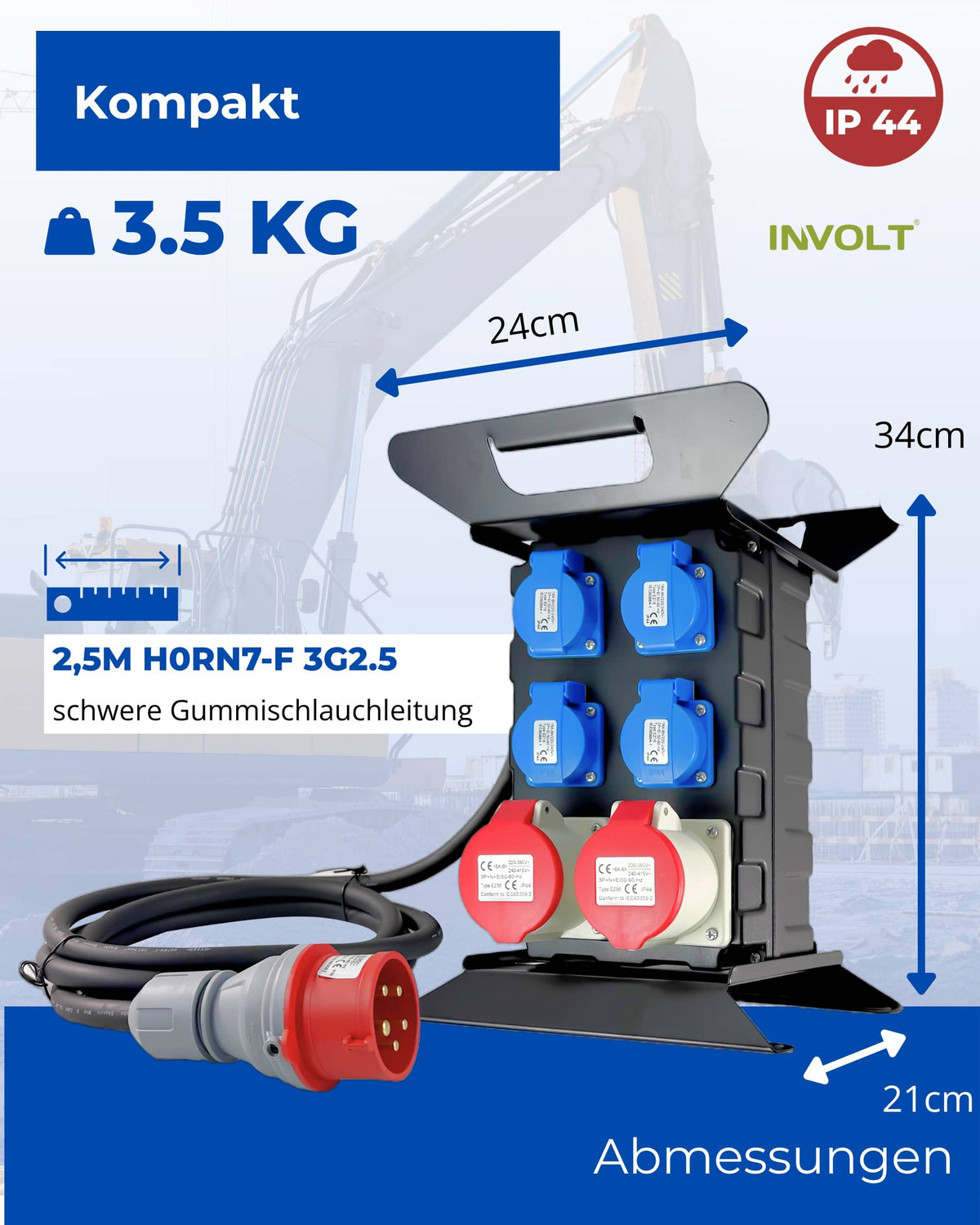 CEE Baustromverteiler Starkstrom Schuko Adapter 4 x 230V 2 x 400 V 5-polig 16A Mit FI Schutzschalter