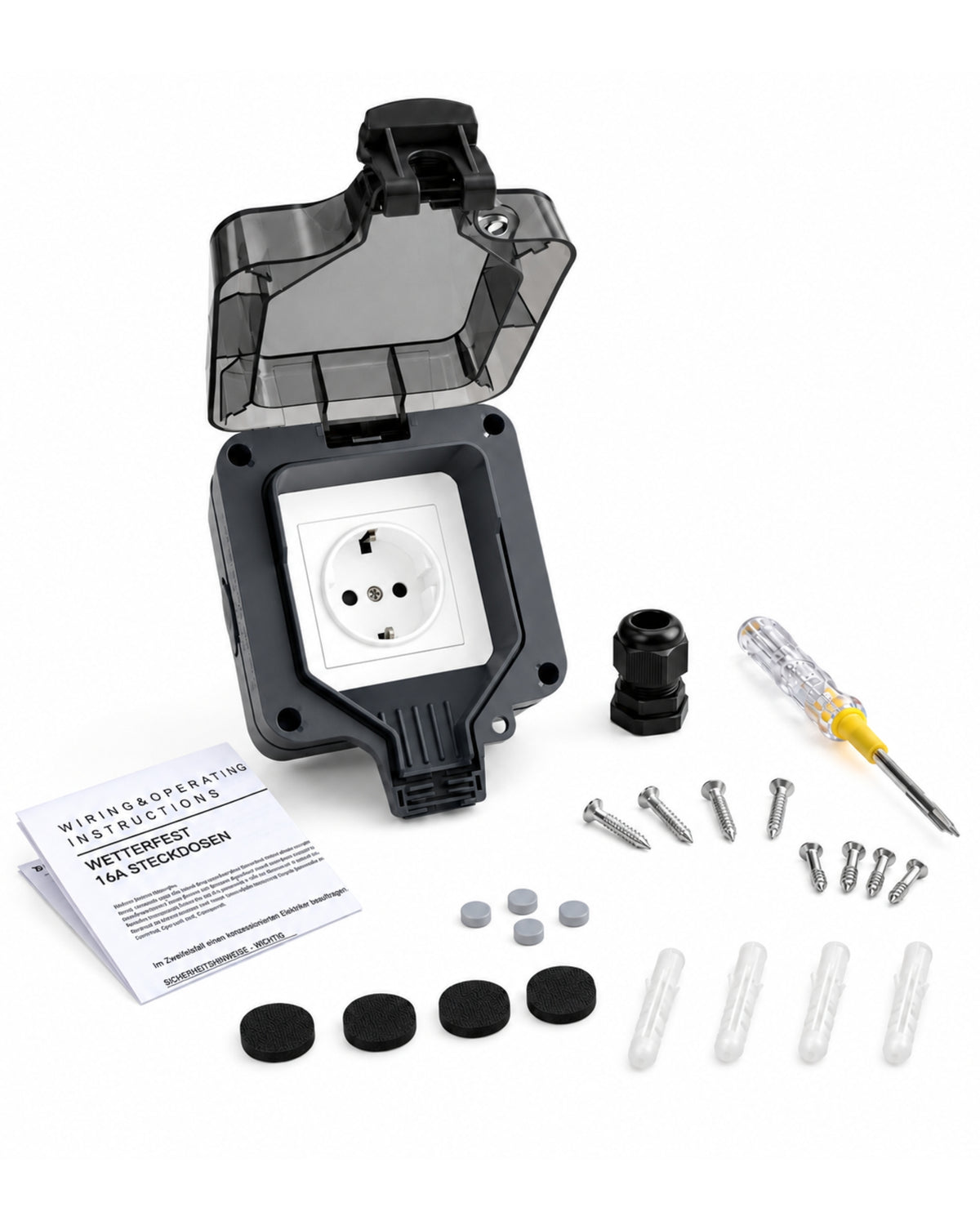Außensteckdose-Set IP66 Schwarz IP66 Wetterfest Schutzkontakt mit Klappdeckel