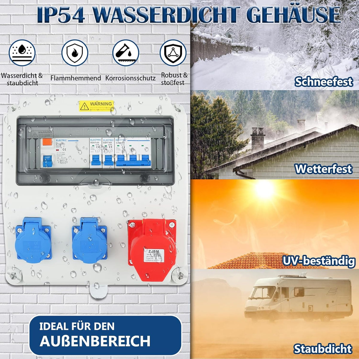 Wandverteiler 2x 230V Schuko + 1x CEE 400V 16A, IP54 Wasserdicht