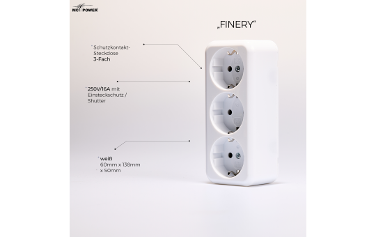 Schutzkontakt-Steckdose 3-fach McPower ''Finery'', 250V/16A,AP,Einsteckschutz,weiß