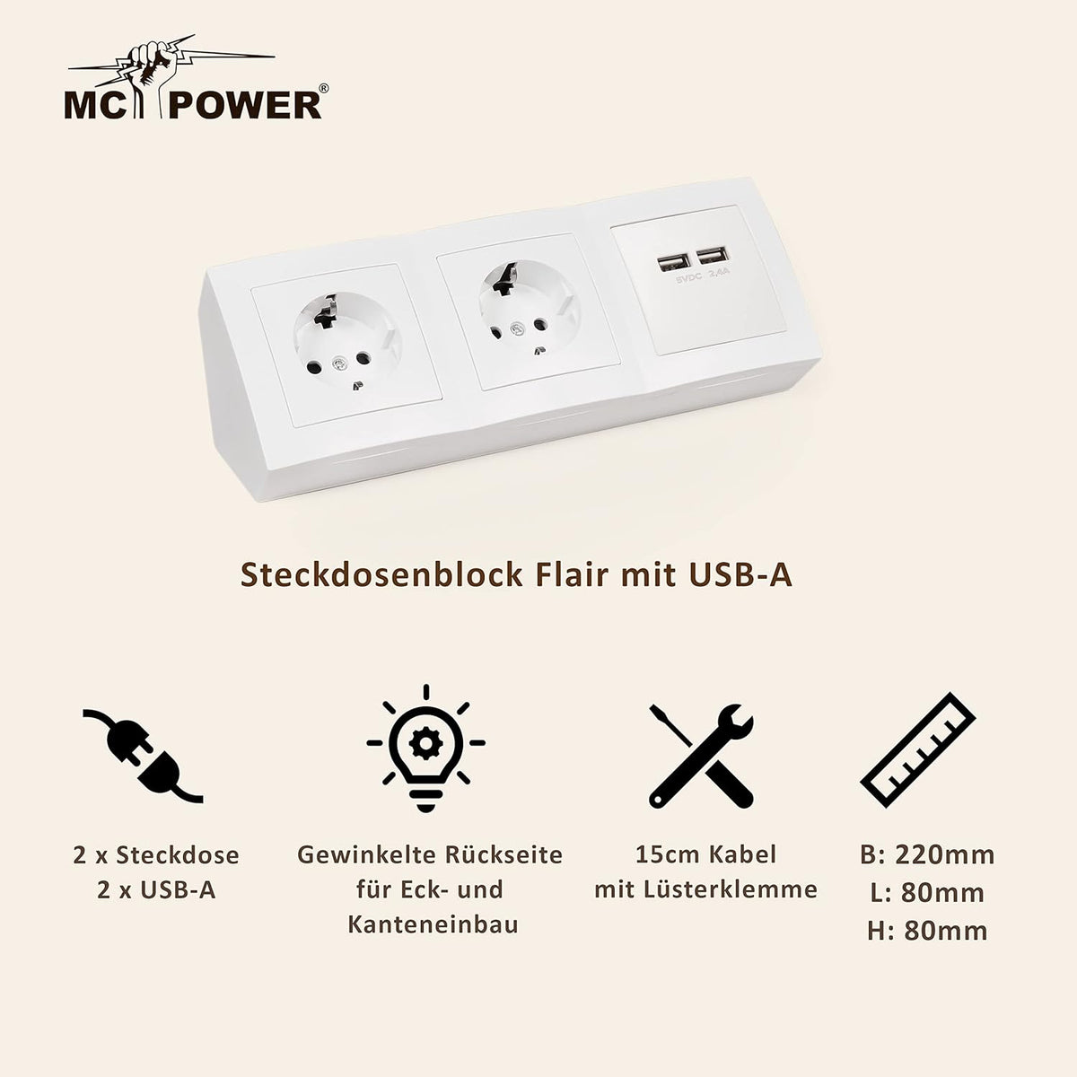 MC Power Steckdosenblock Unterbausteckdosen | Flair | 2-Fach Schutzkontaktsteckdosen + 2X USB, 15cm Kabel, 230V / 16A, Ecksteckdose Küchensteckdose Mehrfachsteckdose, weiß matt