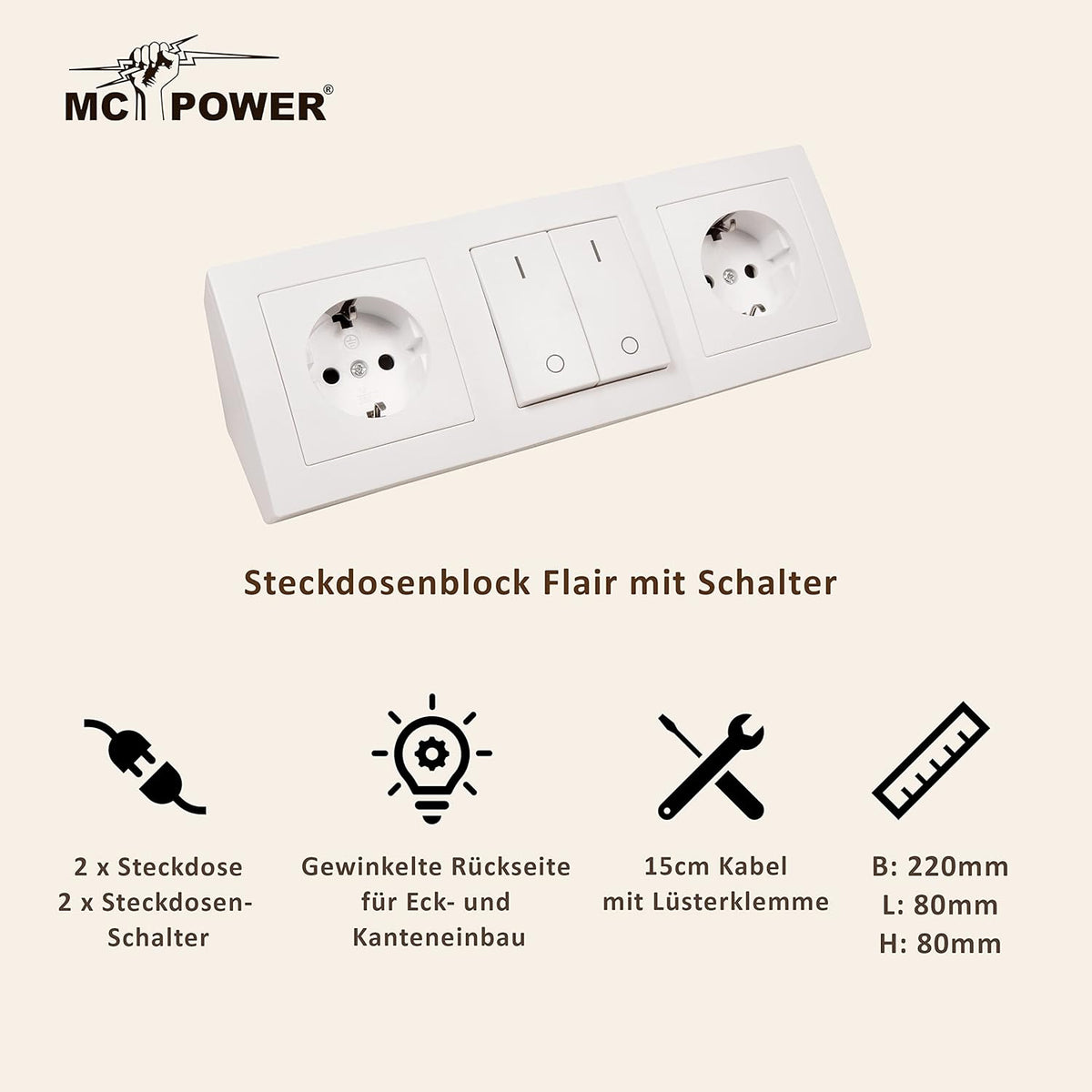 MC Power - Steckdosenblock Unterbausteckdosen | Flair | 2X Schutzkontaktsteckdosen + 1x Schalter, 250V~ / 16A, Aufbau, weiß matt