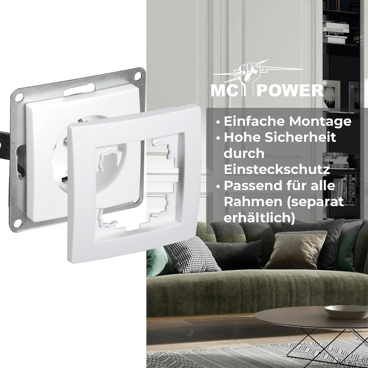 McPower Schutzkontakt-Steckdose | FLAIR | 250V~/16A, UP, 1-fach Unterputzsteckdose Schraubanschluss Einzelsteckdose mit Einsteckschutz, weiß matt