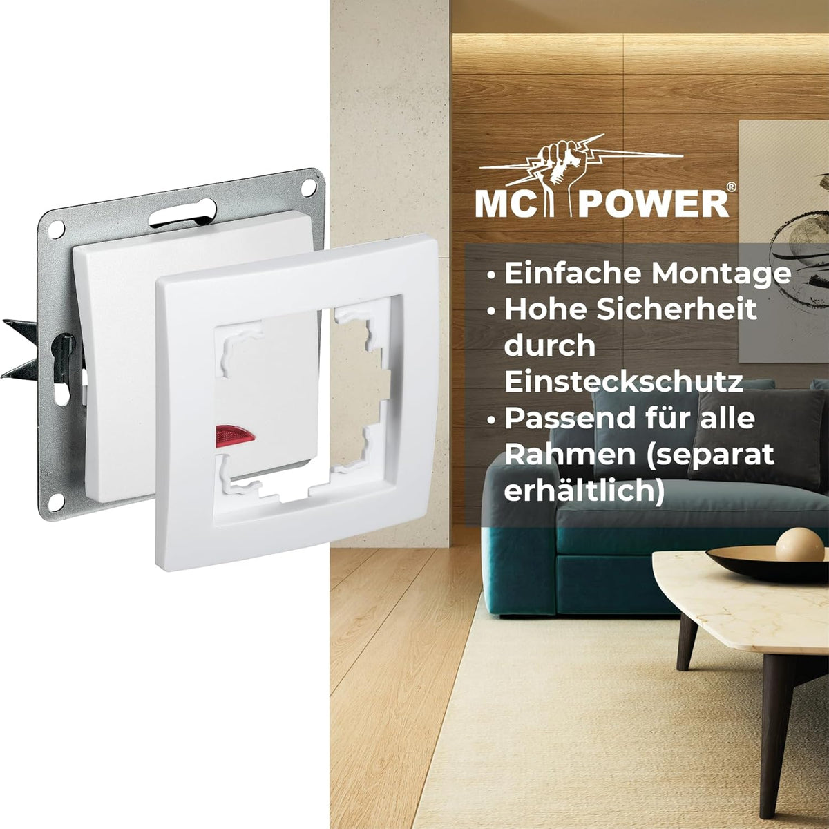 McPower Schalter | Flair | 250V~/10A, UP, mit Kontroll-Leuchte, 1-polig, für Unterputzmontage, zeitgemäßes Design, weiß