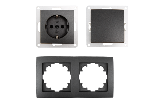 MC POWER - FLAIR - Wand Steckdosen und Schalter Set | Tür 2-fach | 3-teilig | Schutzkontaktsteckdose Schalter mit Rahmen dunkelgrau anthrazit, matt