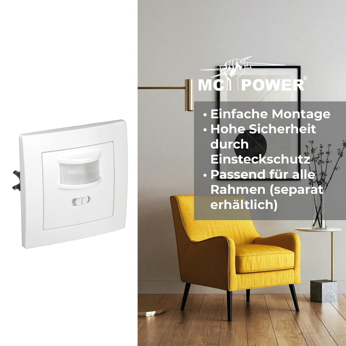 McPower Unterputz IR Bewegungsmelder | Flair | 160°, 750W, LED geeignet, Dämmerungssensor, einstellbare Schaltdauer, IP20, für Innenräume, weiß